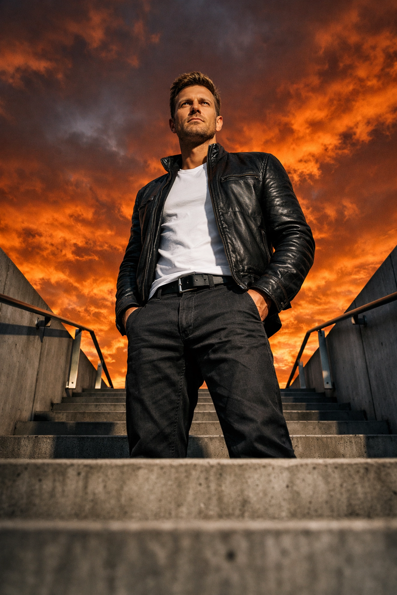 Man on stairs in a low-angle portrait showing how camera perspectives and angles enhance portrait photography.