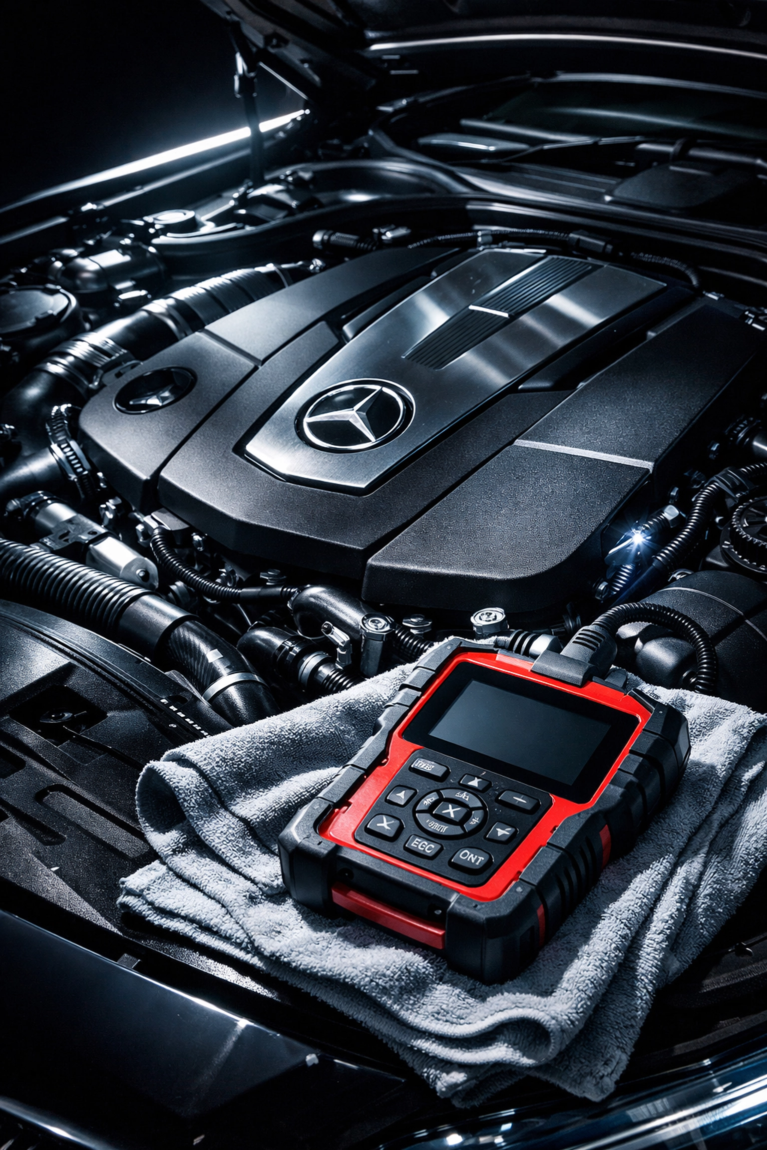 A precision Mercedes-Benz engine bay undergoing professional diagnostic testing at a specialist shop.