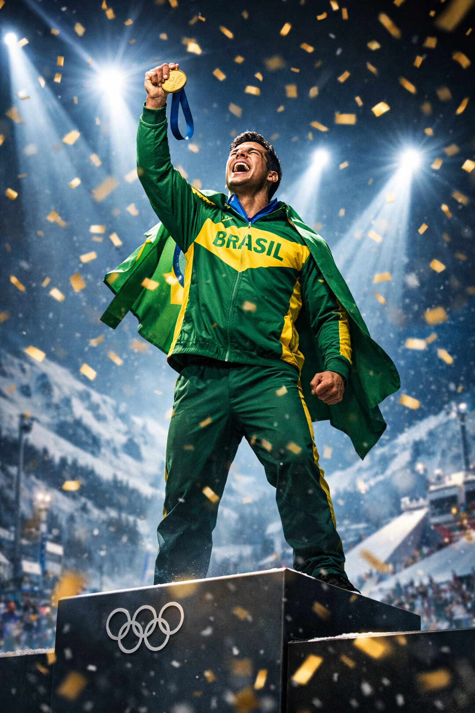 Brazilian athlete celebrating first Winter Olympics gold medal on podium in triumph