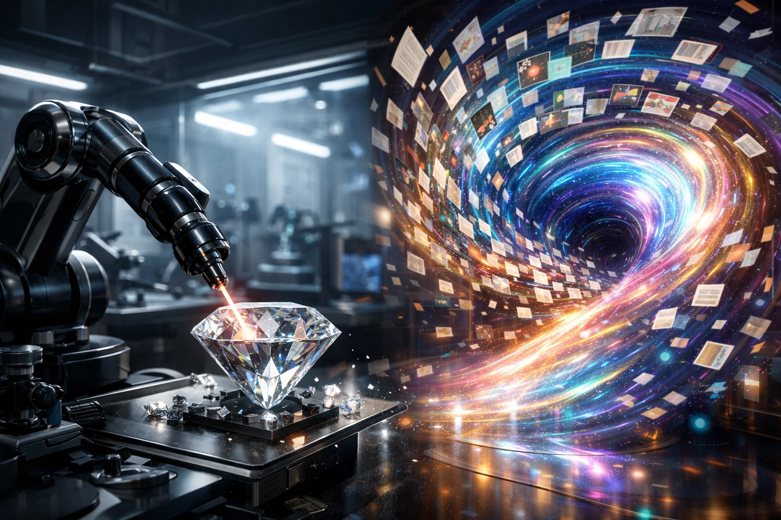 A digital laboratory illustrating the contrast between focused AI reasoning and massive data integration.