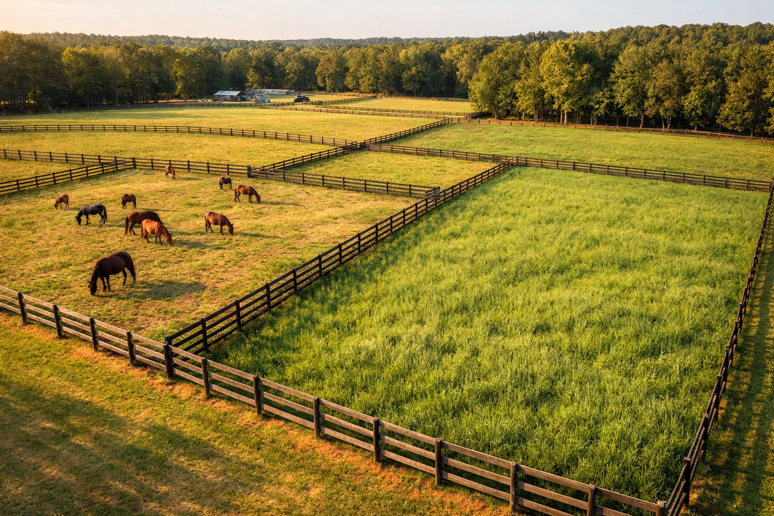 Aerial view of rotational grazing paddocks on North Carolina horse farm with fenced pastures