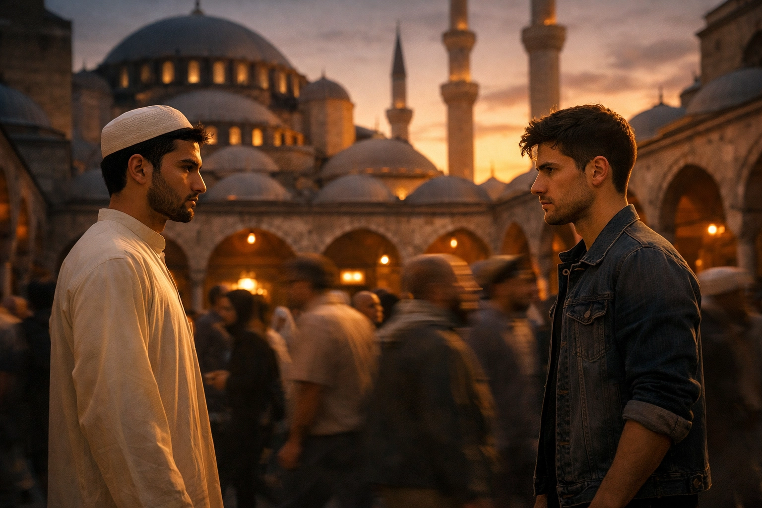 Two men share intense gaze across Istanbul mosque courtyard in enemies to lovers MM romance moment