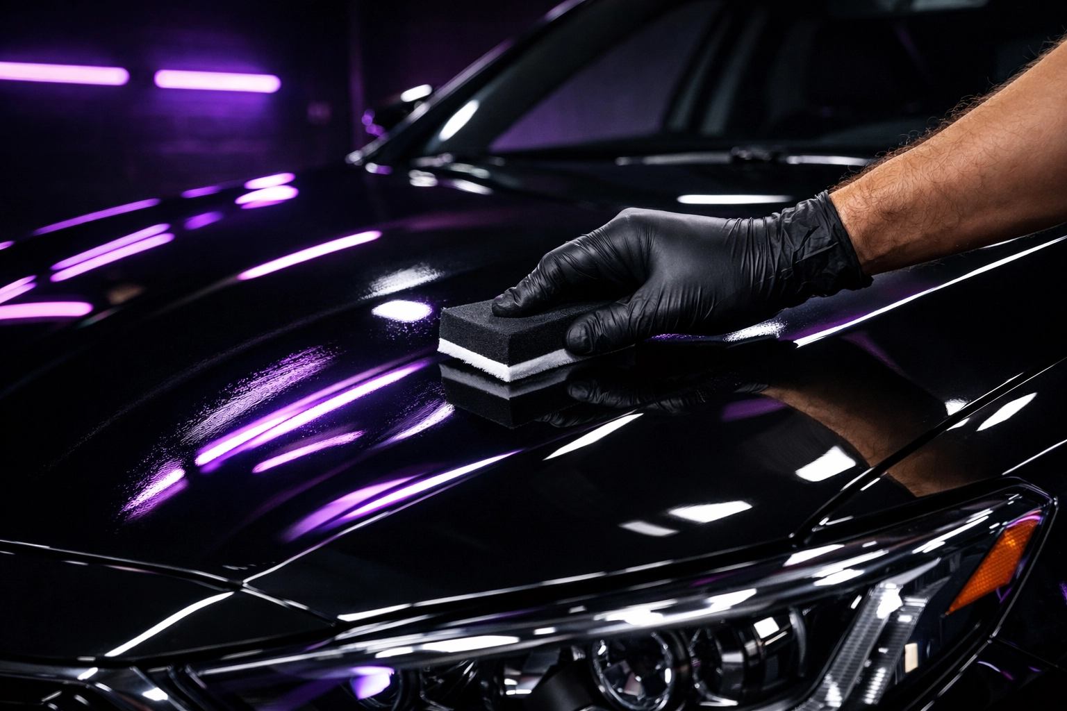 Professional ceramic coating application on black sedan in Clayton NC