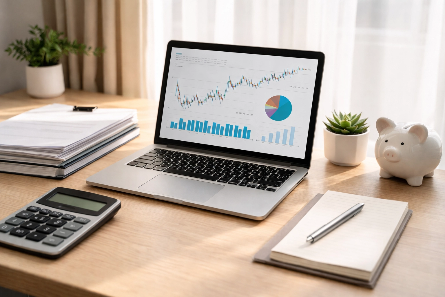 Modern home office workspace with financial charts and documents illustrating charitable bunching tax strategy
