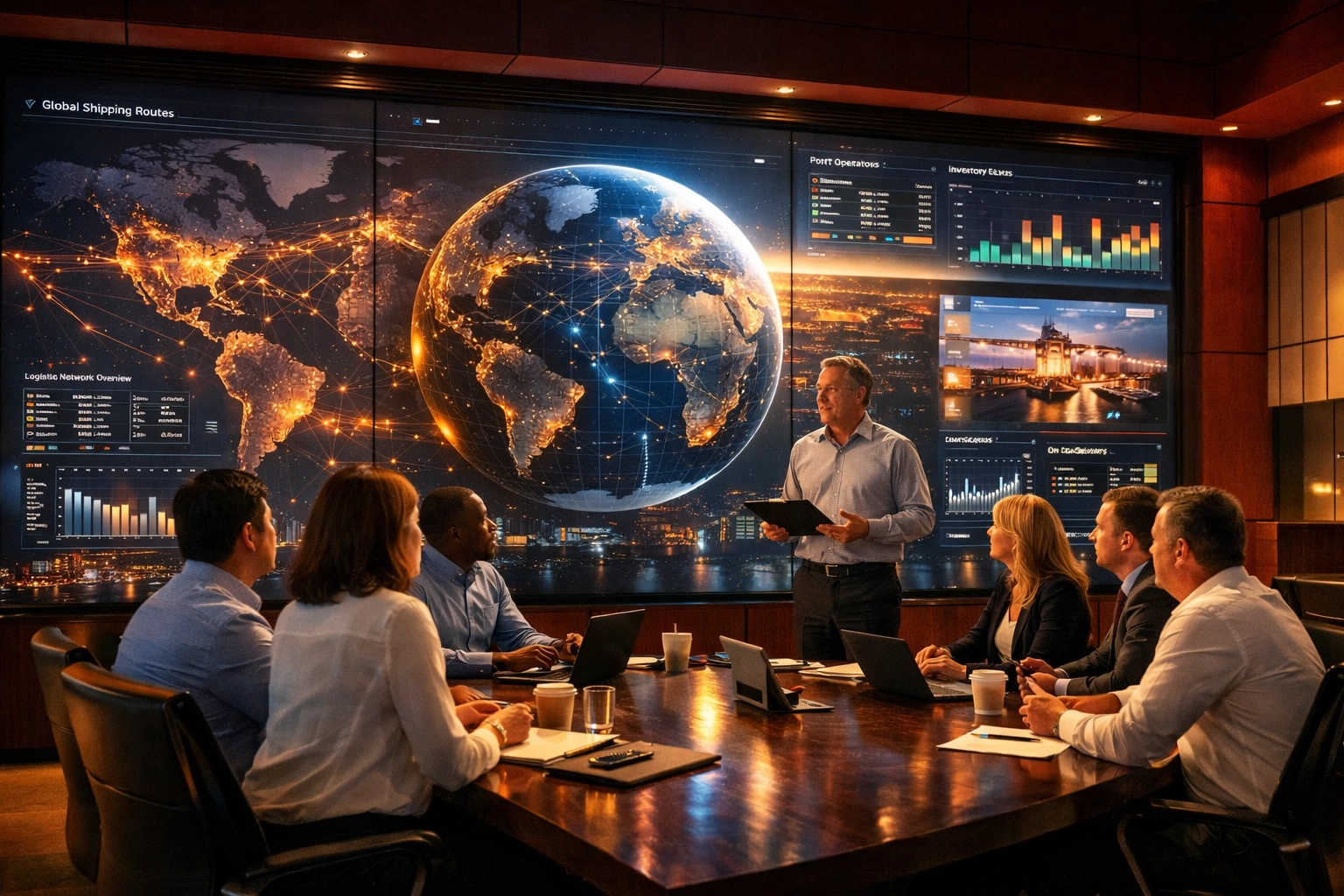Logistics team reviewing supply chain management data in a command center during a morning sync.