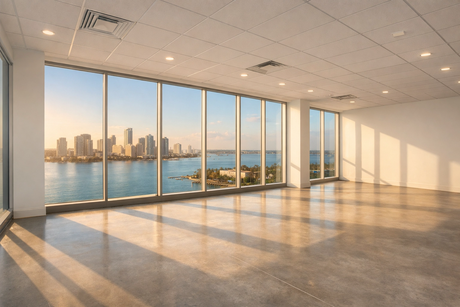 Modern vacant commercial office space in a Florida high-rise showing tenant leverage opportunities.