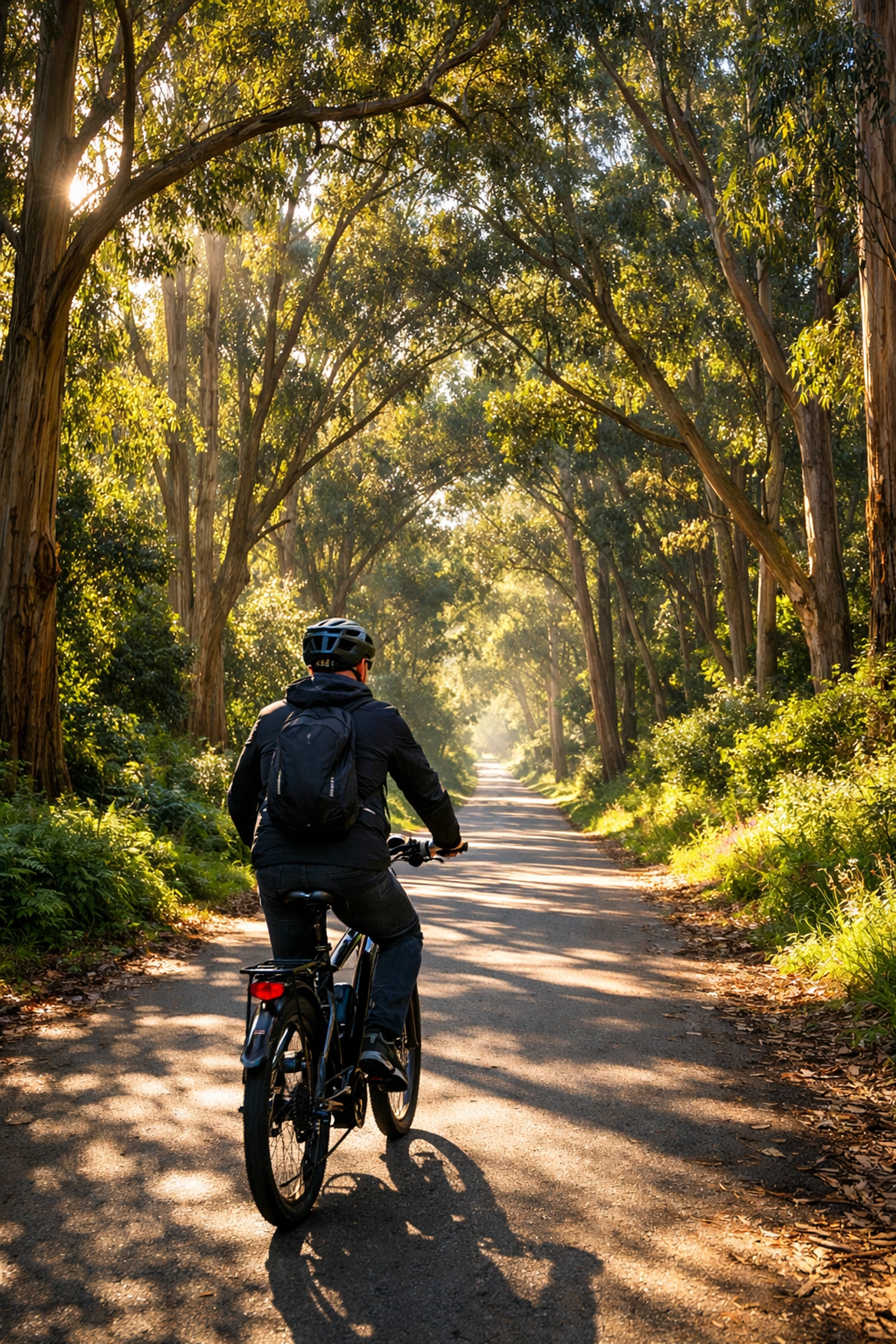 E-bike rider cycling through tree-lined path in golden gate park san francisco