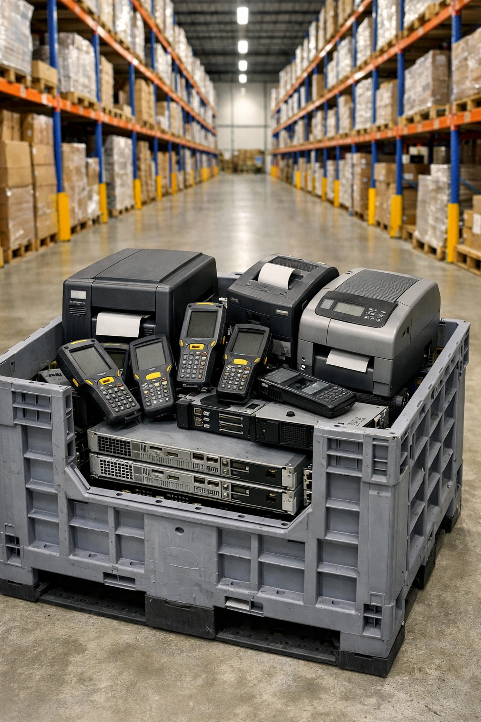 Collection of industrial e-waste and warehouse electronics in a crate for compliant disposal.