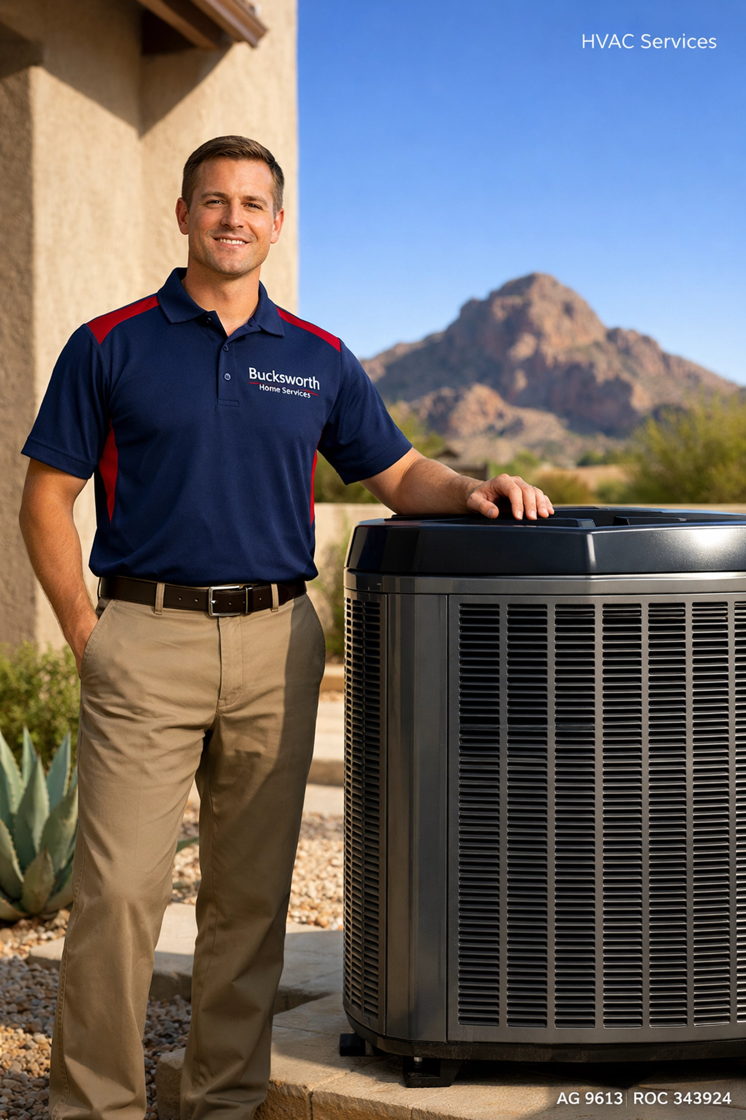 Bucksworth technician with a high-efficiency AC unit to improve Energy Efficiency in Paradise Valley AZ.