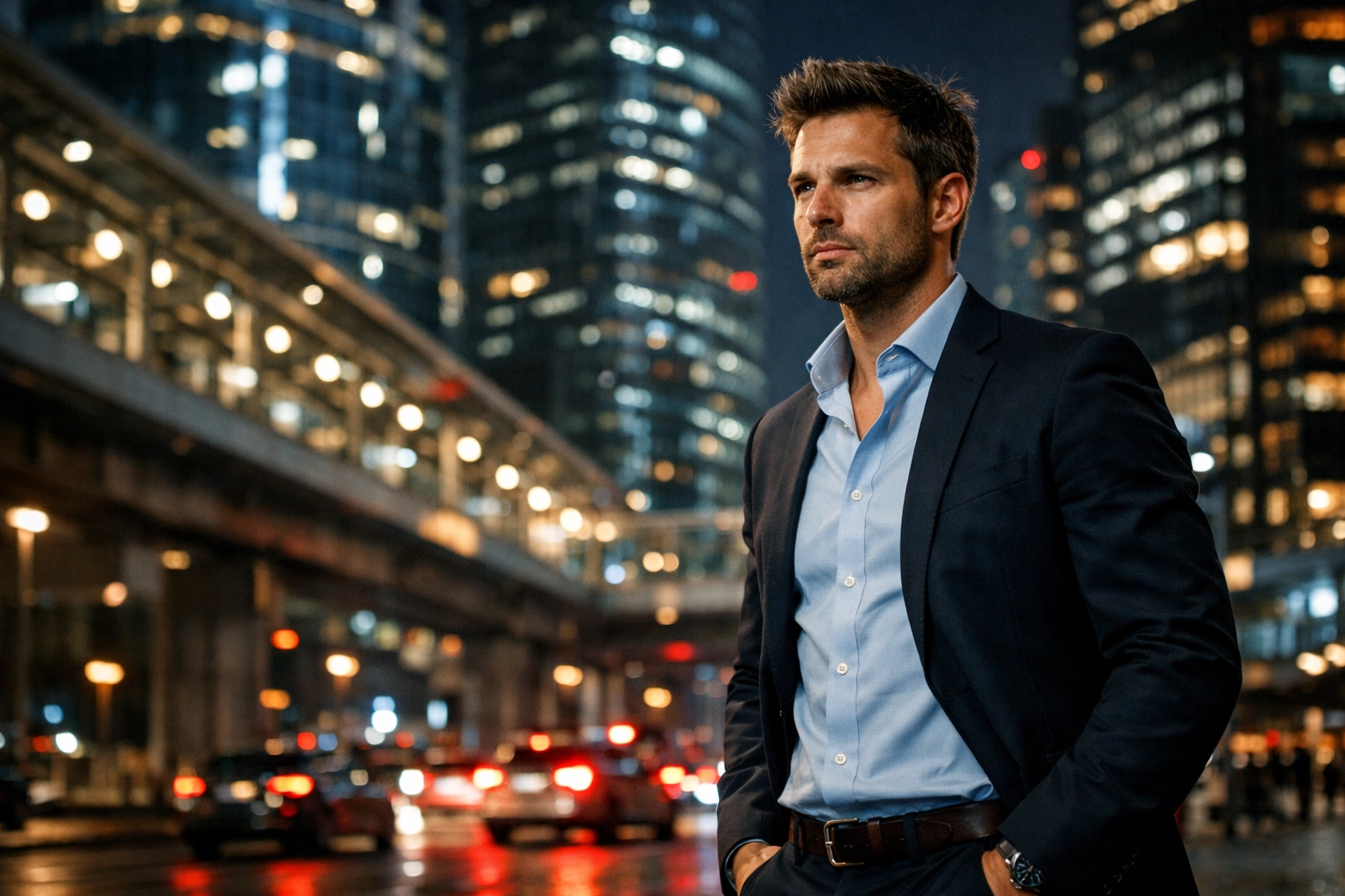 Dynamic shot of a strategic, focused modern leader in an urban environment—alert, thoughtful, and purposeful