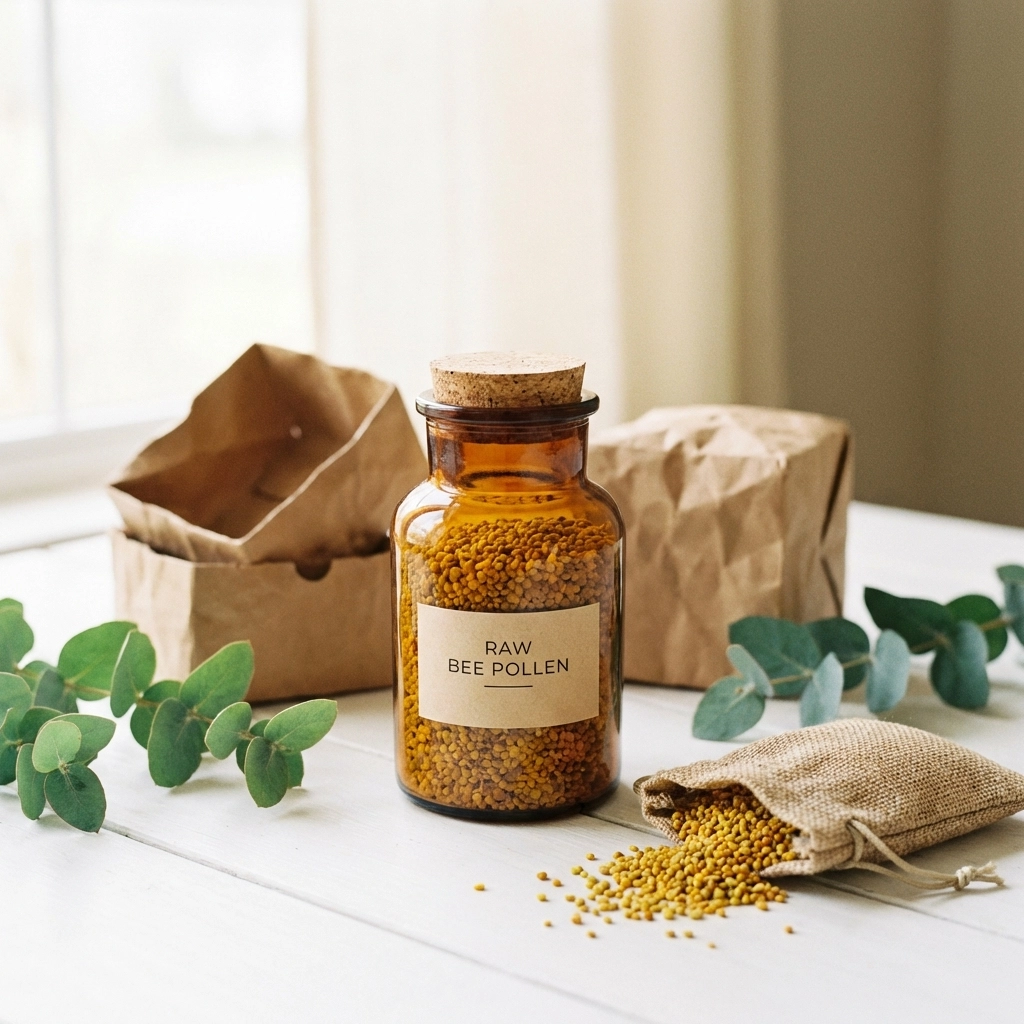 Amber jar of bee pollen with eco-friendly packaging highlights sustainable practices