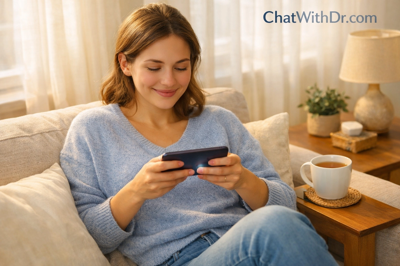 Woman using smartphone for private online health consultation from home comfort