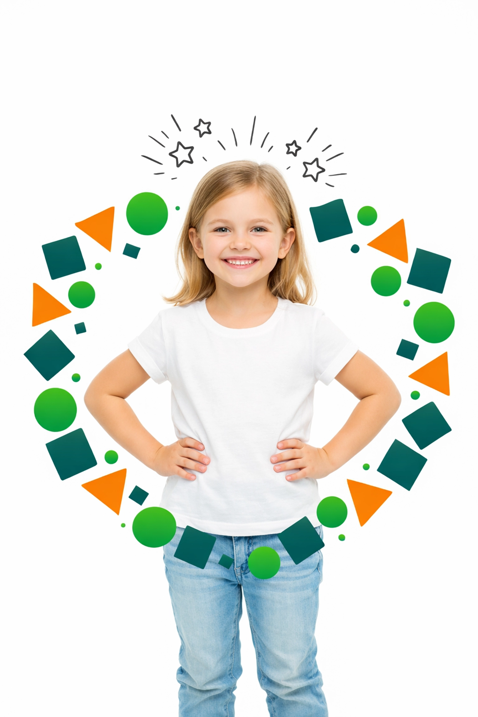 A confident young girl surrounded by colorful shapes representing emotional resilience and mental strength.