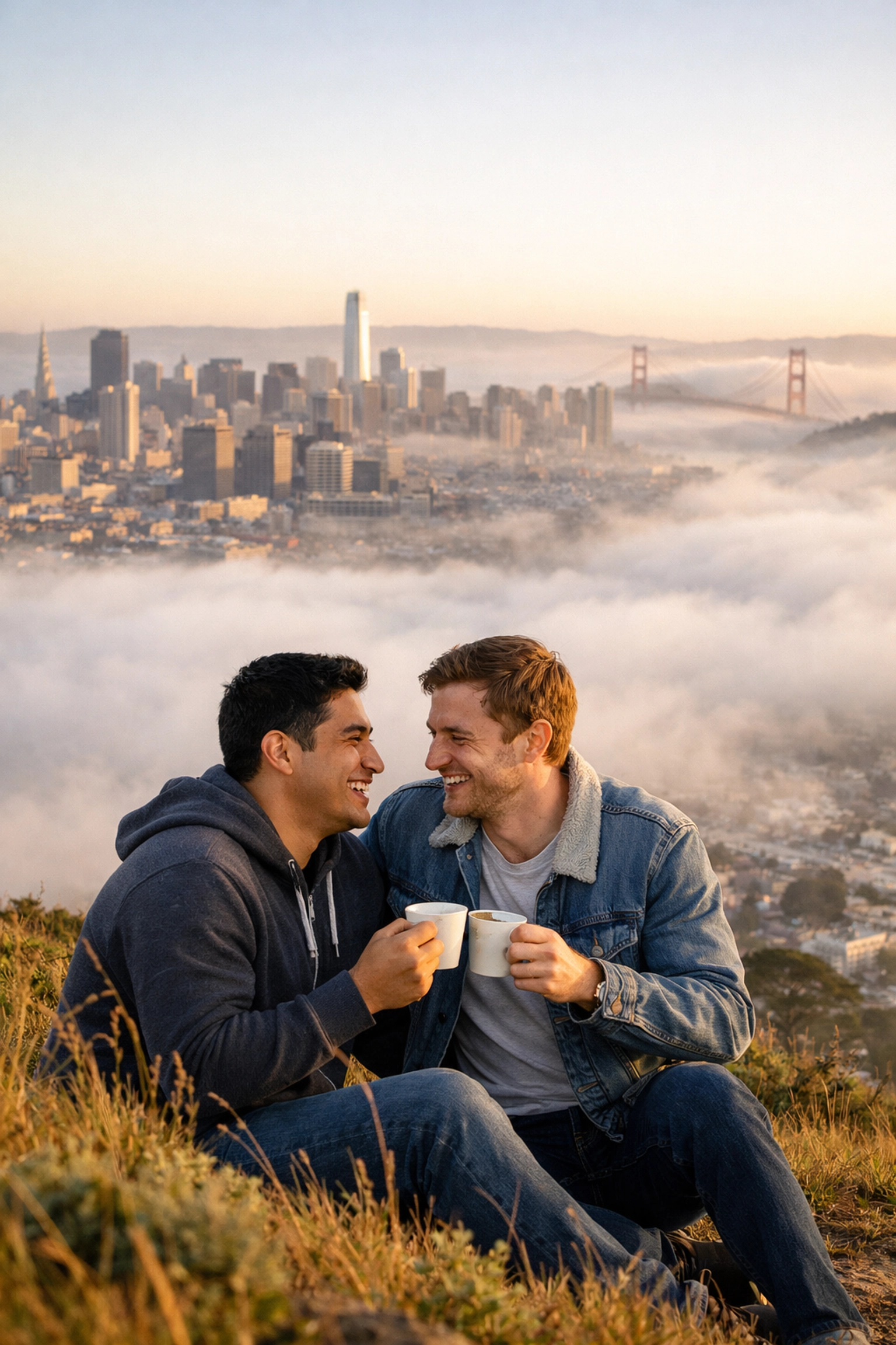 Gay couple on romantic date at Twin Peaks overlooking San Francisco skyline through fog