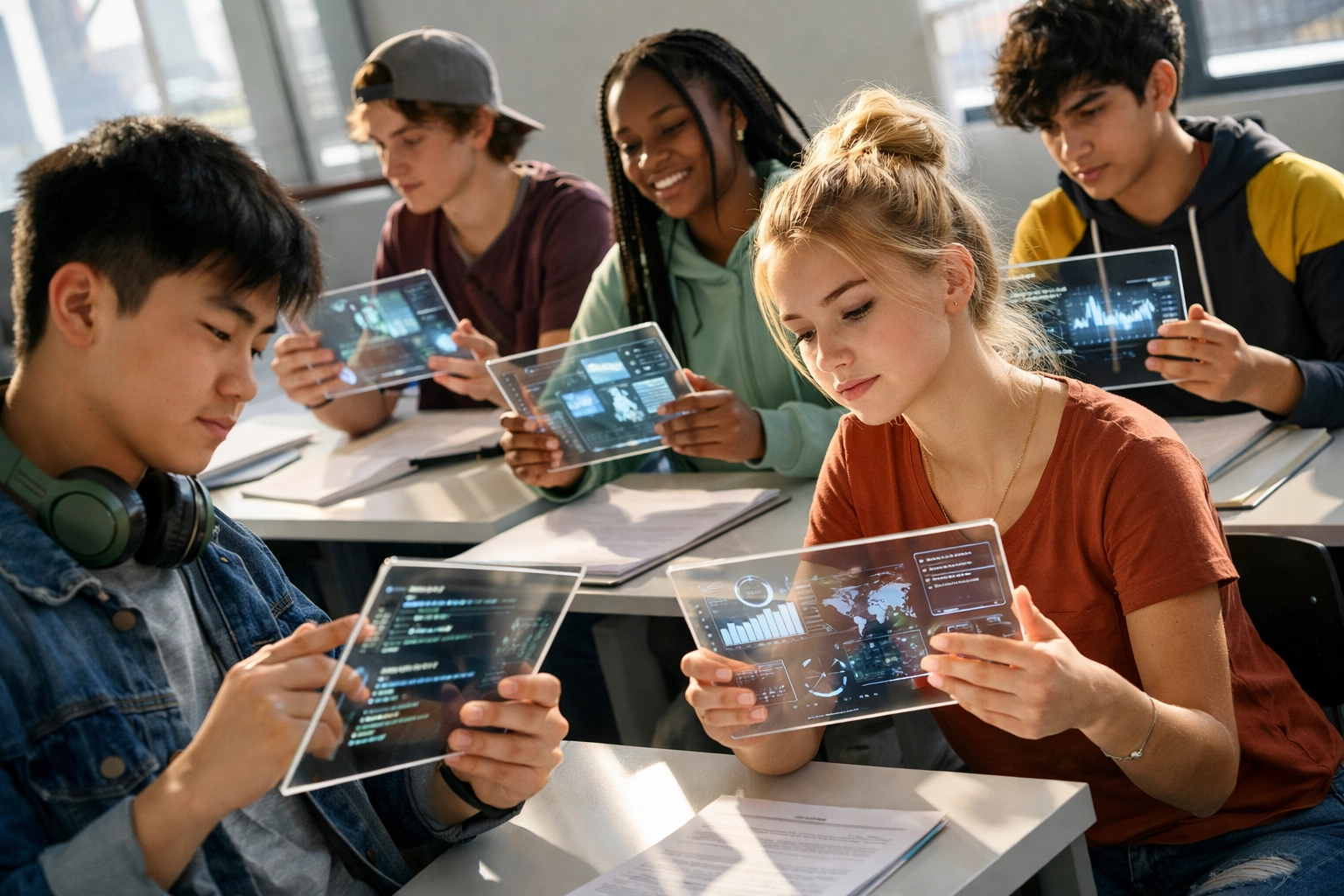 Diverse students working with data analytics and technology in classroom setting