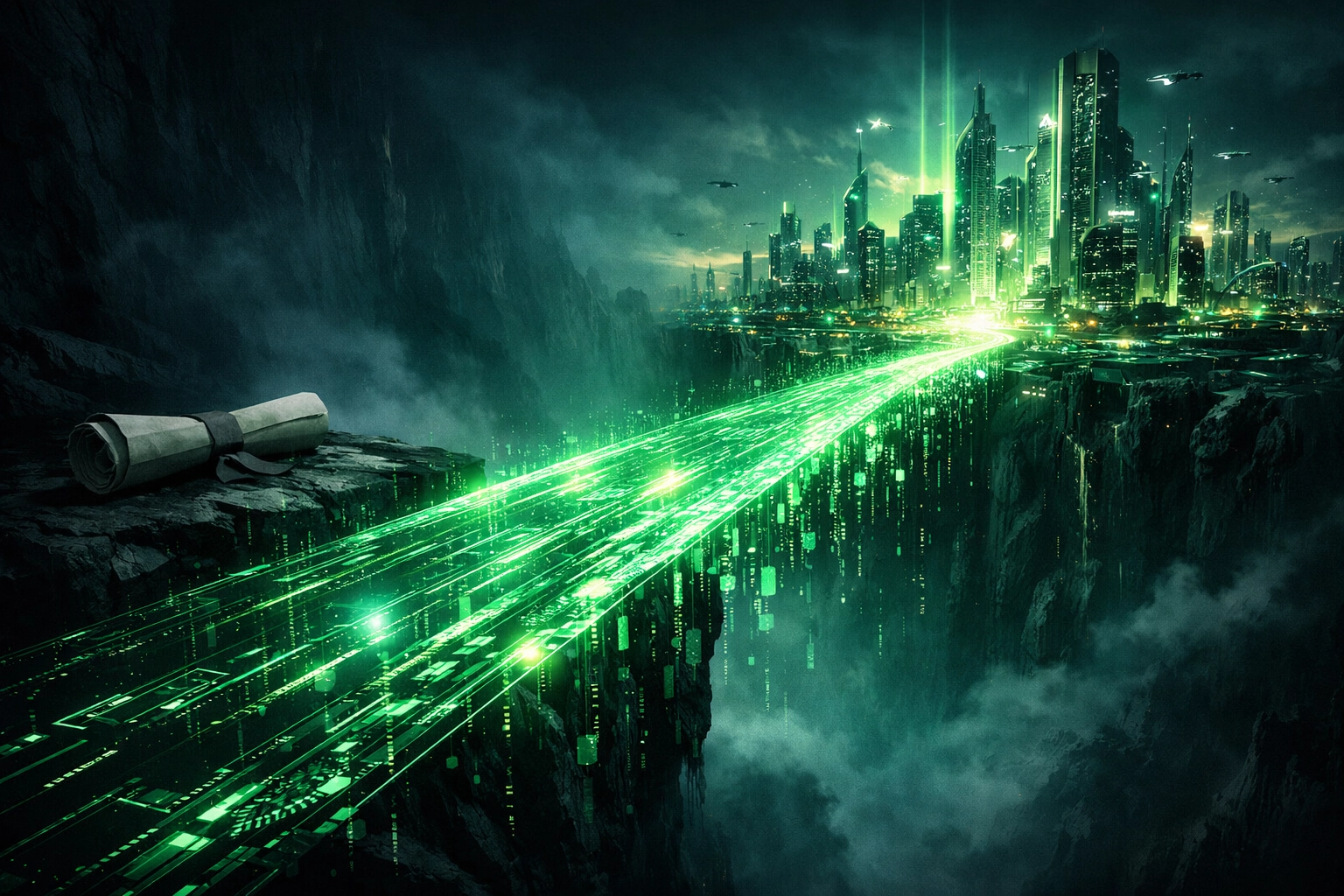 A digital bridge connecting academic graduation to a futuristic career city, closing the campus-to-career gap.