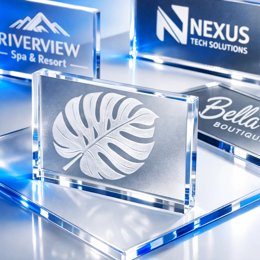 Frosted acrylic custom signs with laser engraving showing durable material for Kona's humid climate