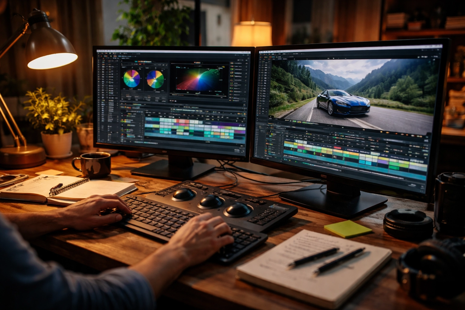 Video editor at a creative workspace editing Blaise Alexander collision repair walkthrough video footage.