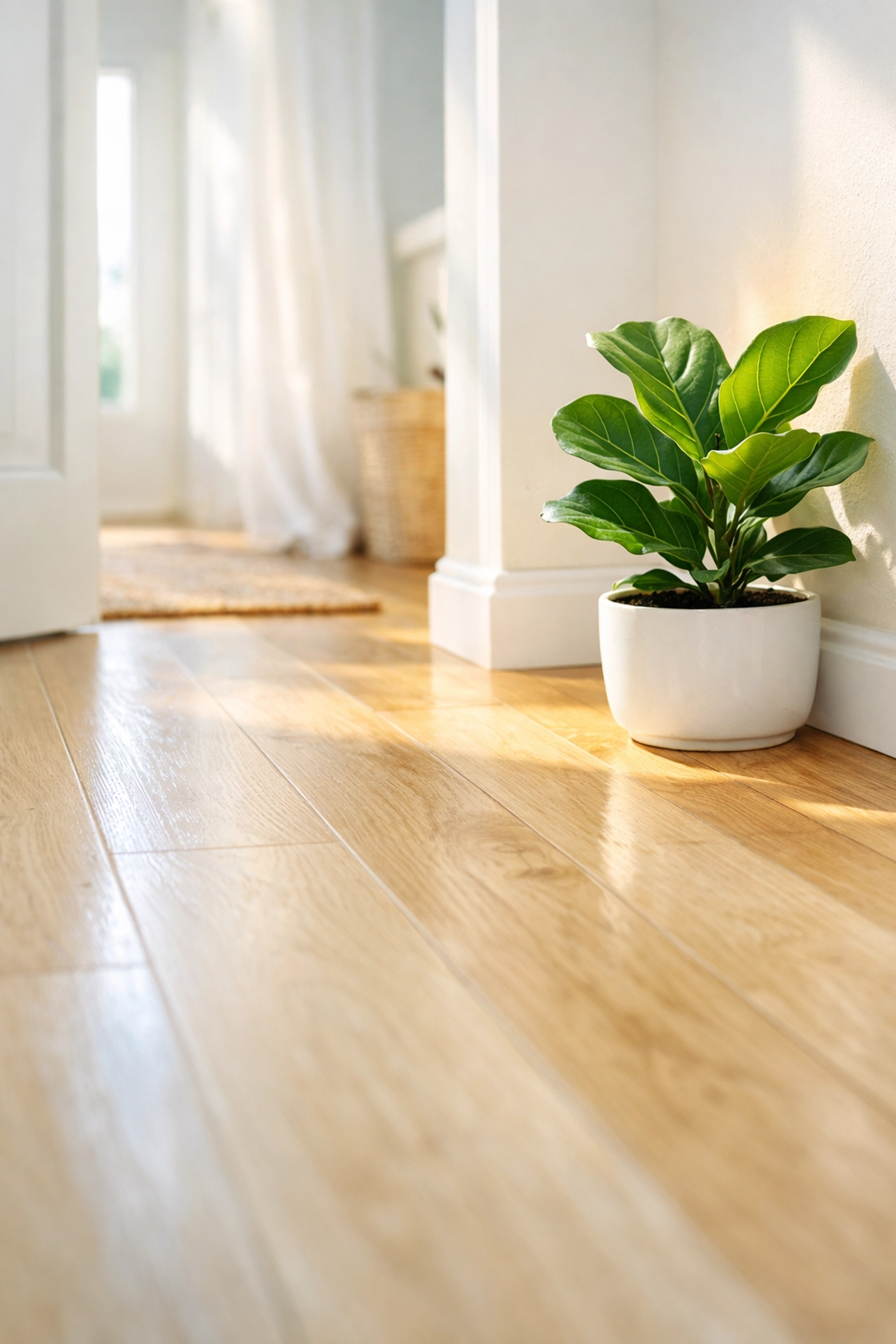 Pristine hardwood hallway floors cleaned with eco-friendly products, showing a healthy, dust-free Acton home.