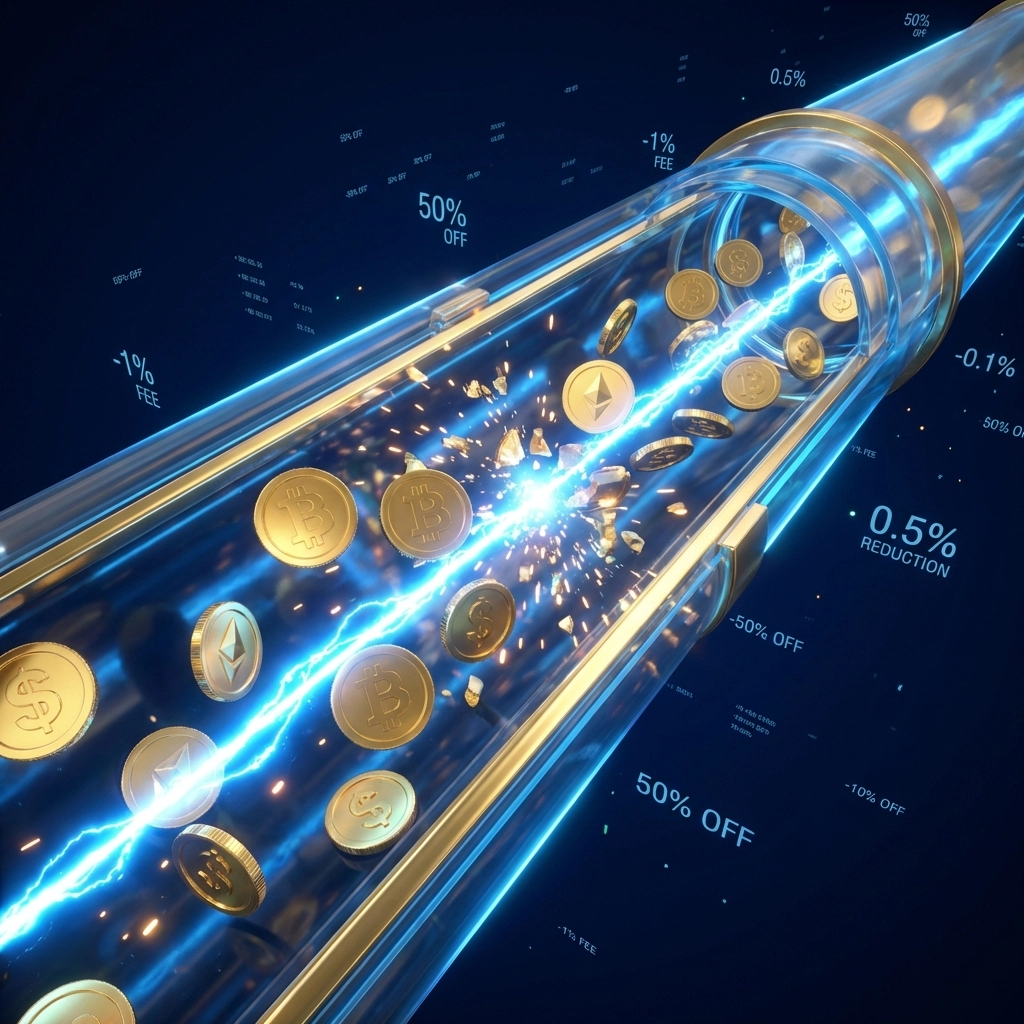 Golden coins and digital currency symbols flow through a futuristic pipeline, representing Larecoin's reduced payment processing fees.