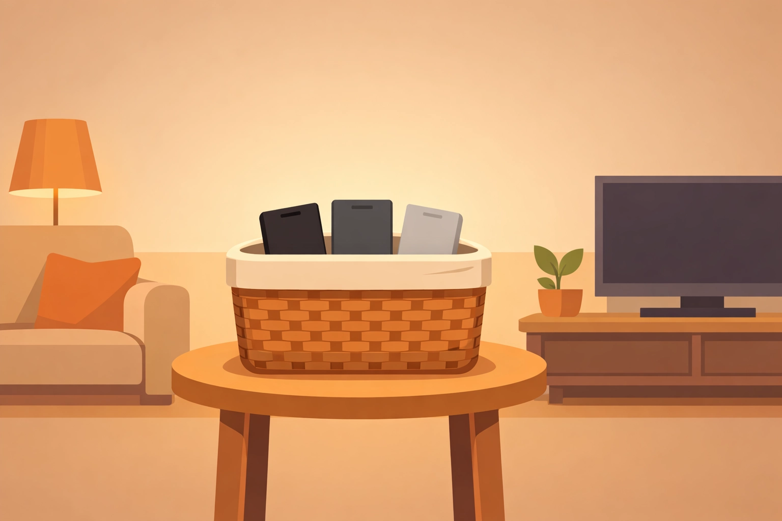 Minimalist vector illustration of a living room with a basket and phones placed inside