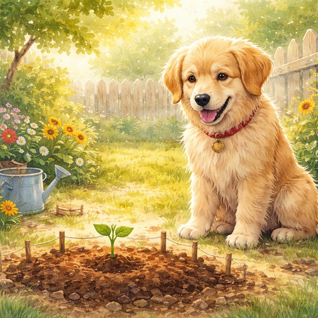 Friendly family dog standing in a whimsical cottage garden surrounded by colorful vegetables and flowers