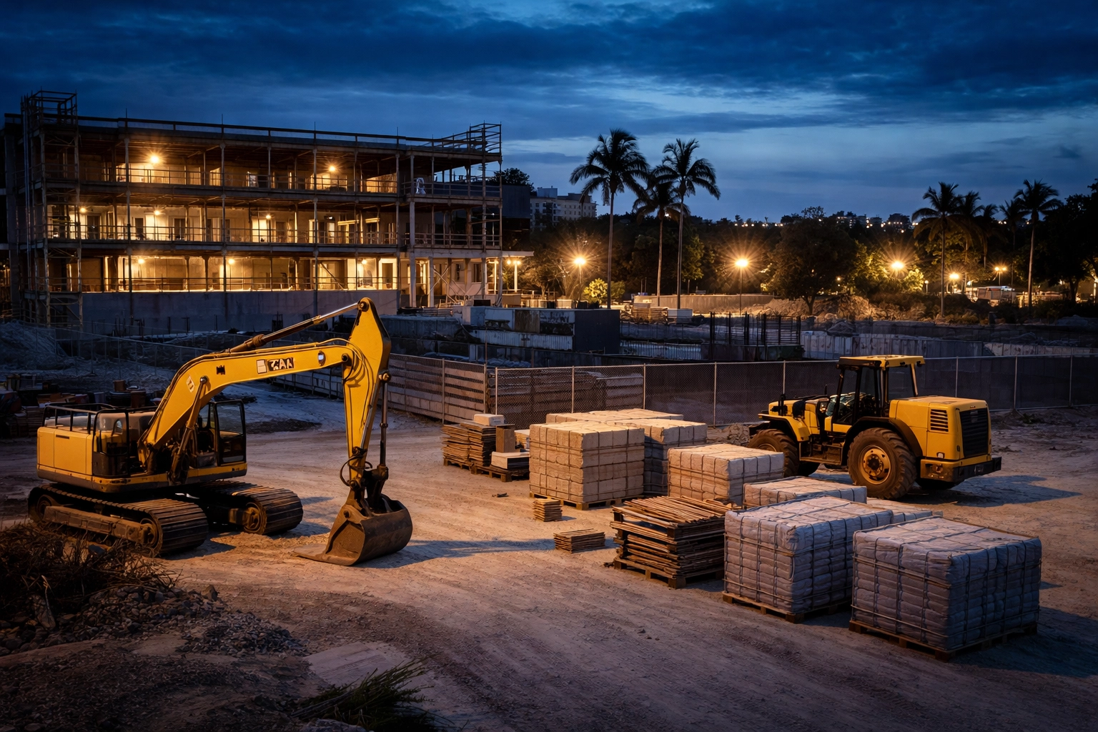 Construction site in Deerfield Beach at dusk with heavy machinery and security lights highlighting site vulnerability