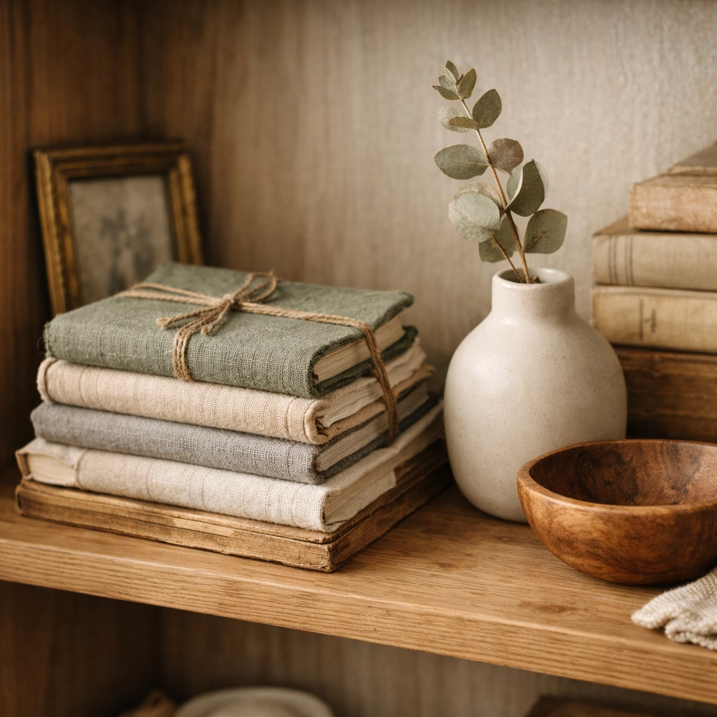 Curated home decor on a wooden shelf featuring artisan ceramics and handcrafted home accessories.