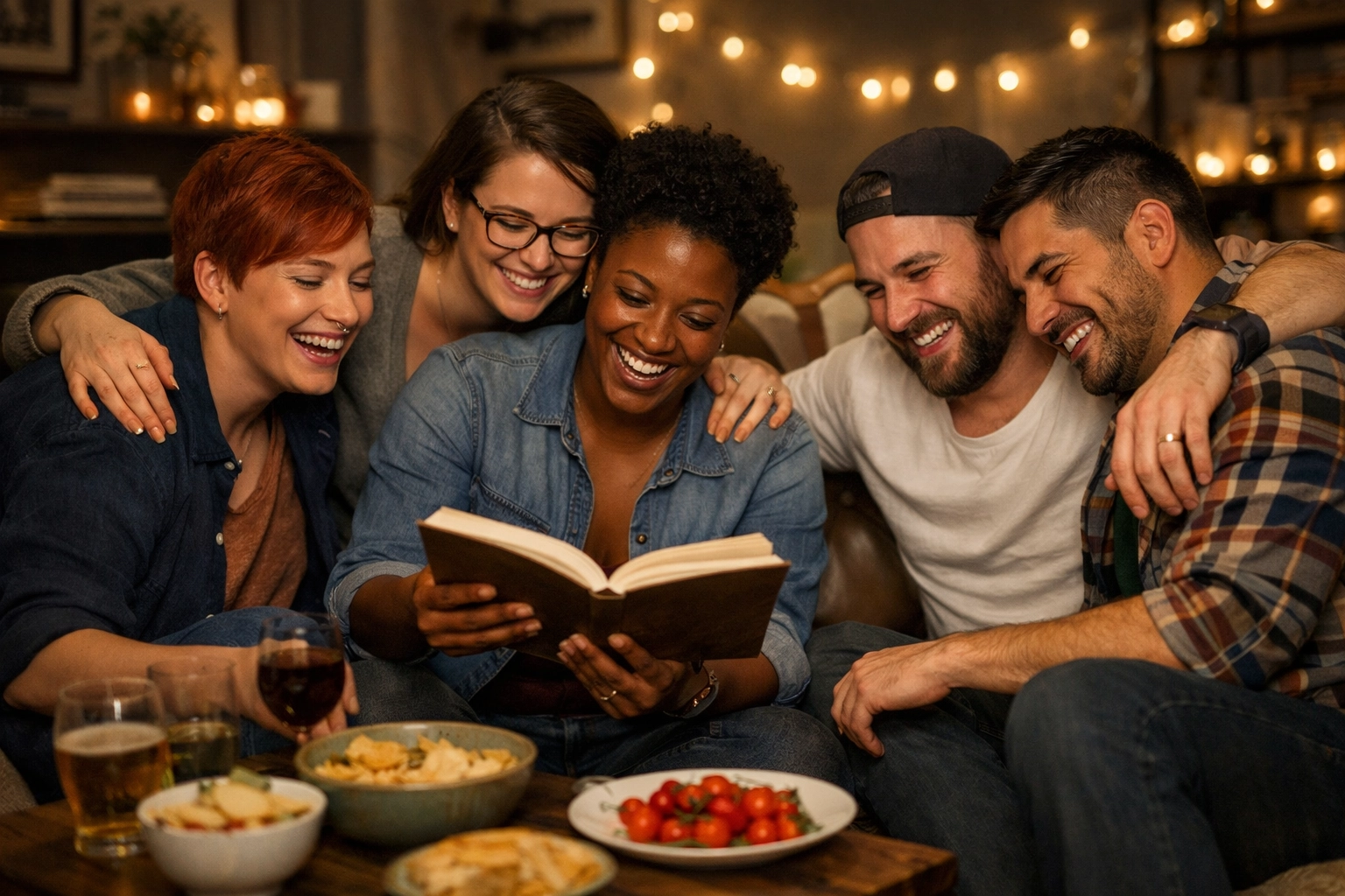 Diverse LGBTQ+ friends sharing a meal and a book, showing the power of communal support and queer resilience.
