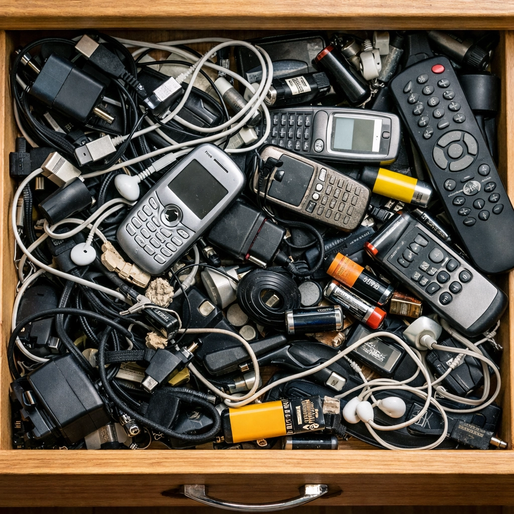 Cluttered drawer full of old electronics, cables, and chargers awaiting WEEE recycling