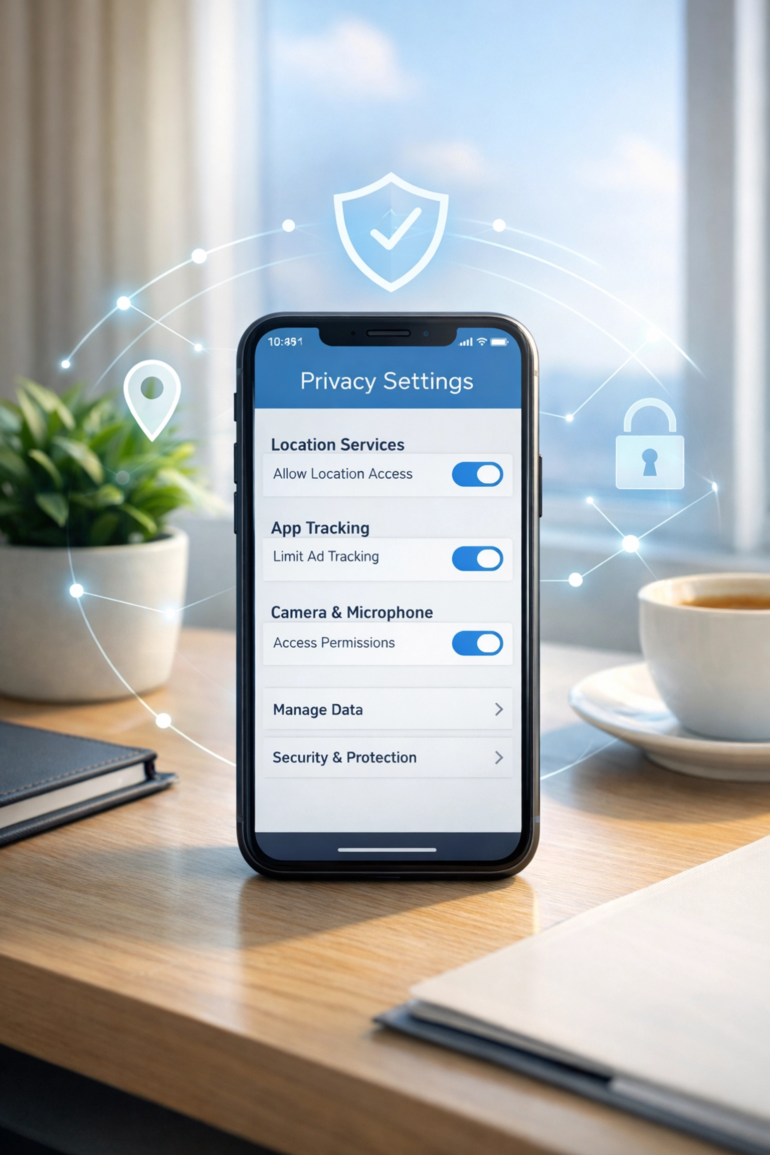 Smartphone displaying privacy settings for hotel location-based AI audio services