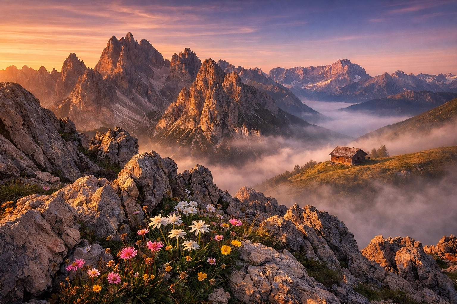 High-resolution 100-megapixel landscape photo of the Dolomites showing incredible detail at sunrise.