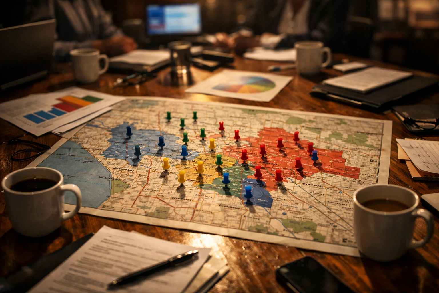 Campaign strategy table with Los Angeles district maps and coalition planning materials