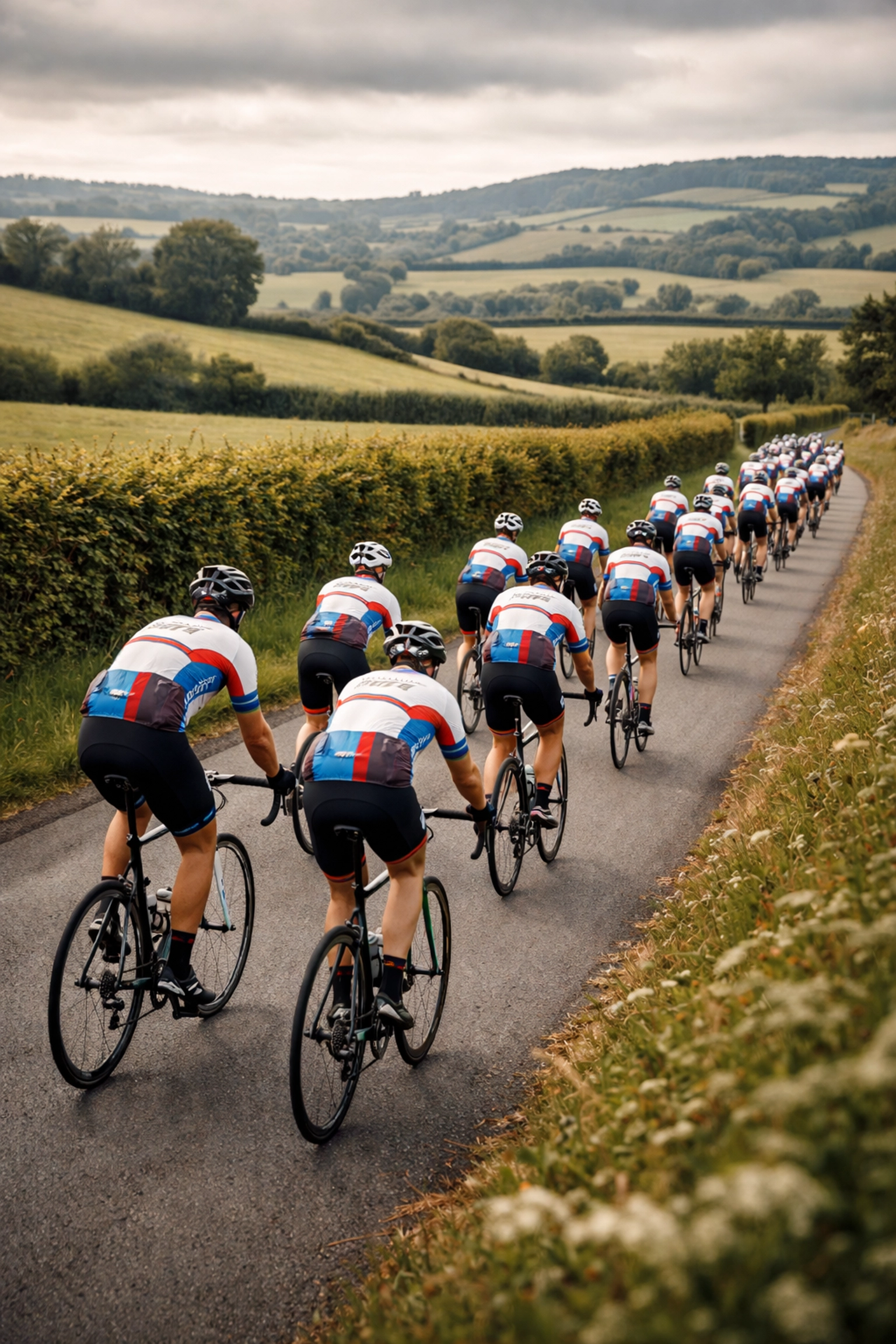 Cyclists on carbon road bikes riding through the British countryside during a charity event, ideal for bike hire.