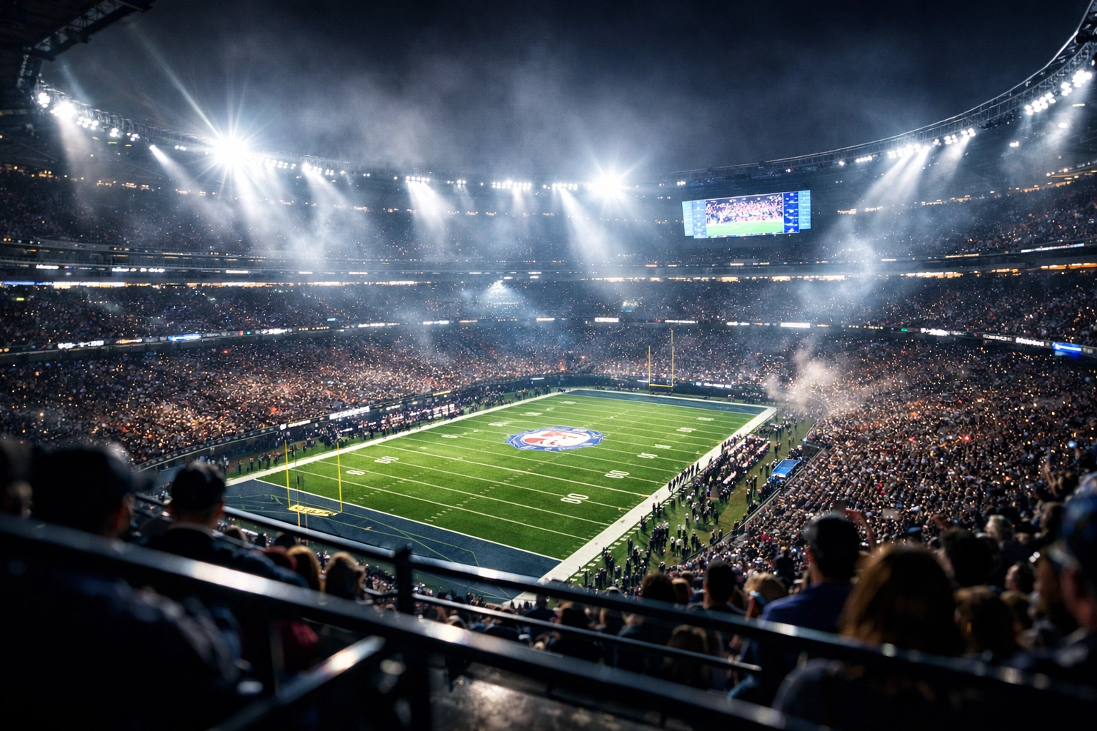 Grand football stadium under bright lights representing the massive scale of Super Bowl 2026 NIL marketing.