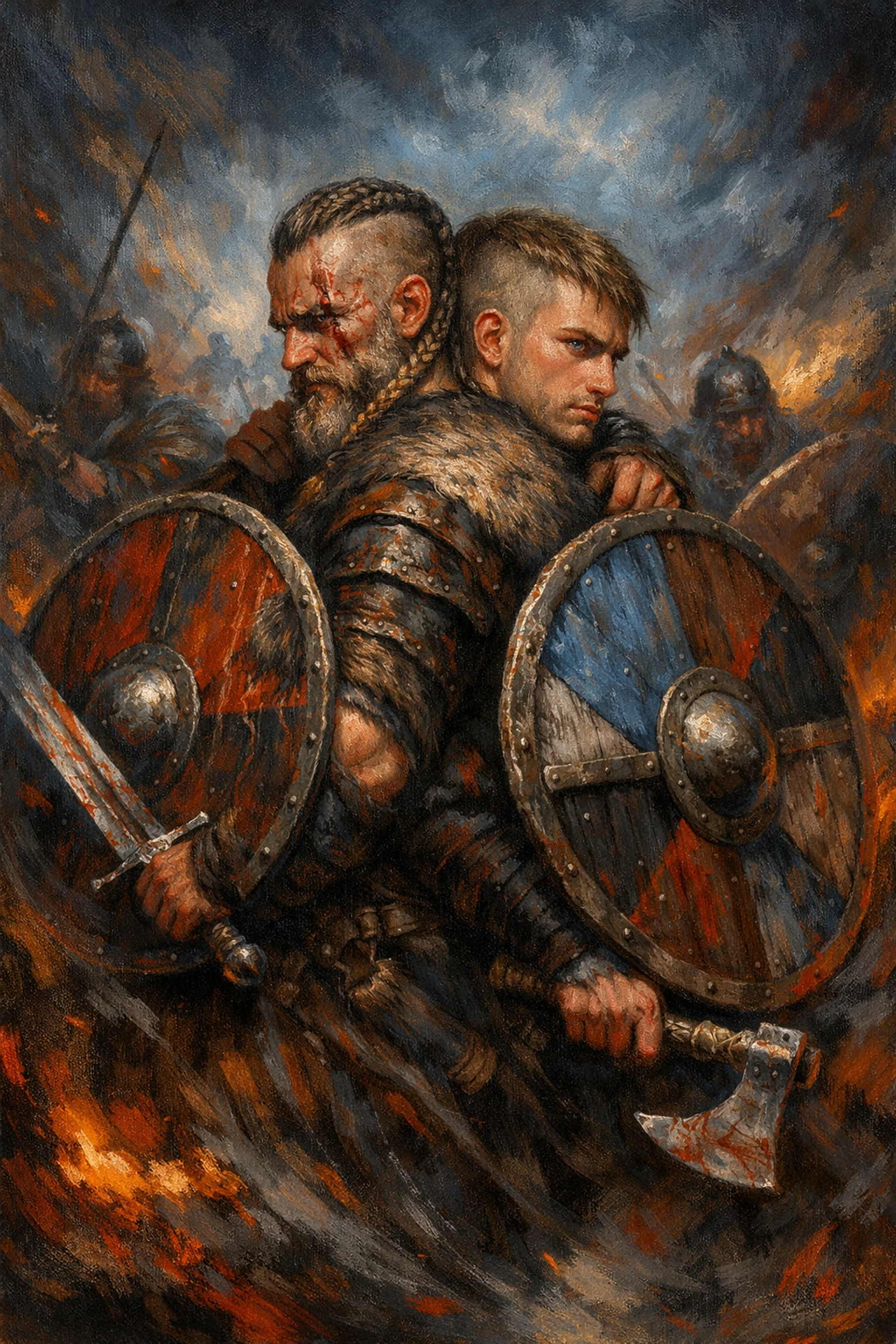 Two Viking warriors fighting back-to-back in battle protecting each other - MM romance devotion