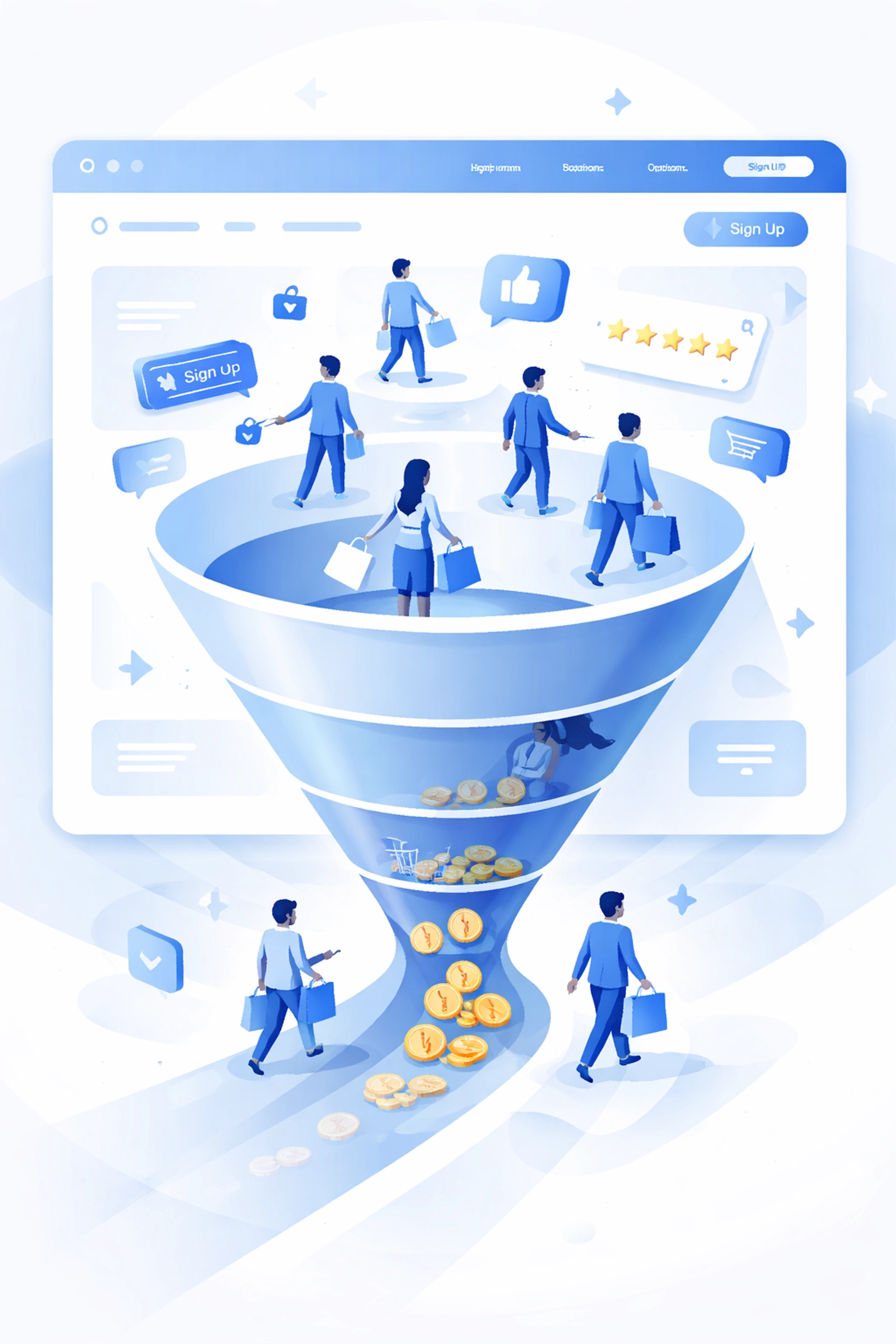 Illustration of website users converting into customers, symbolizing effective web design and SEO working together