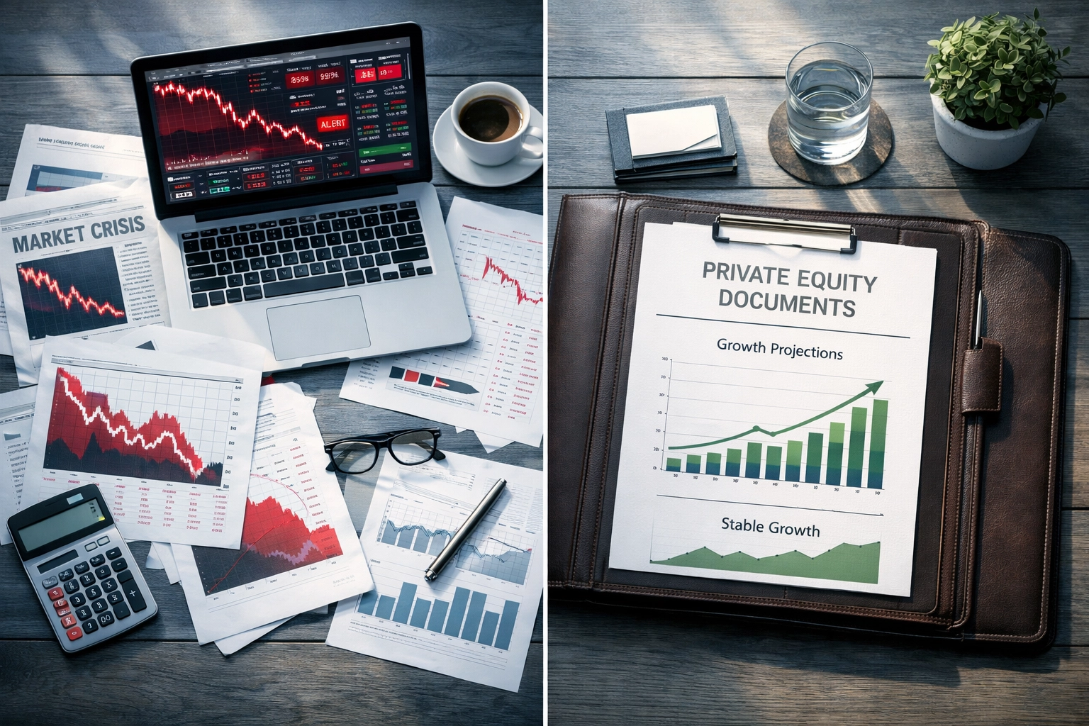 Comparison of volatile stock market charts versus stable private equity investment documents