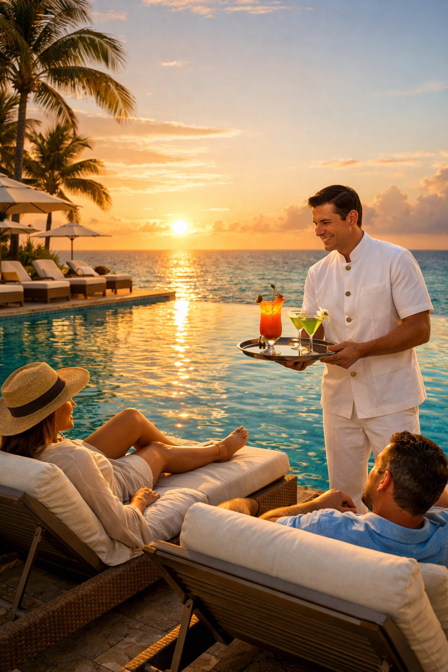 Butler delivering cocktails at premium all-inclusive resort infinity pool overlooking ocean