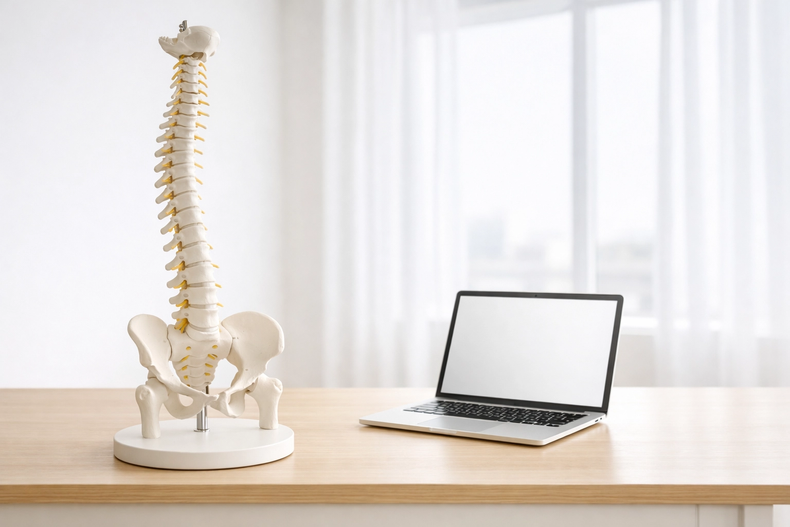 Chiropractic spine model and laptop symbolizing a stress-free done-for-you marketing partnership.