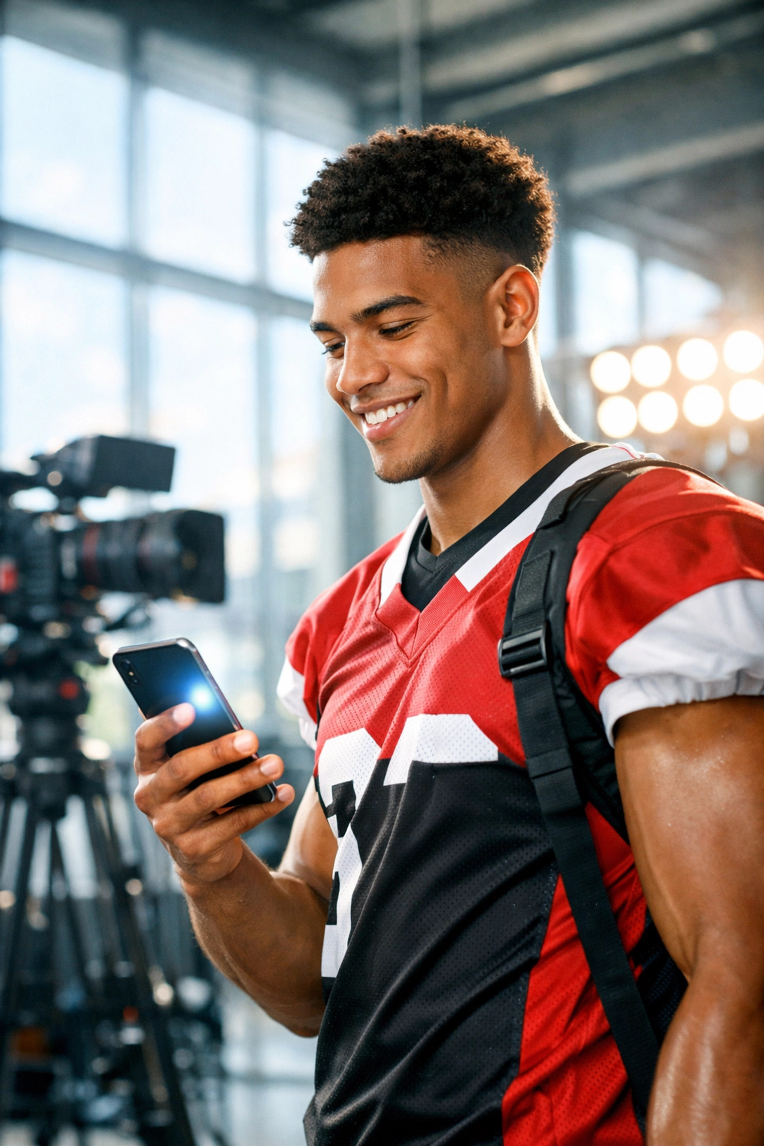 Collegiate athlete creating digital content for a Super Bowl 2026 NIL brand partnership on a smartphone.