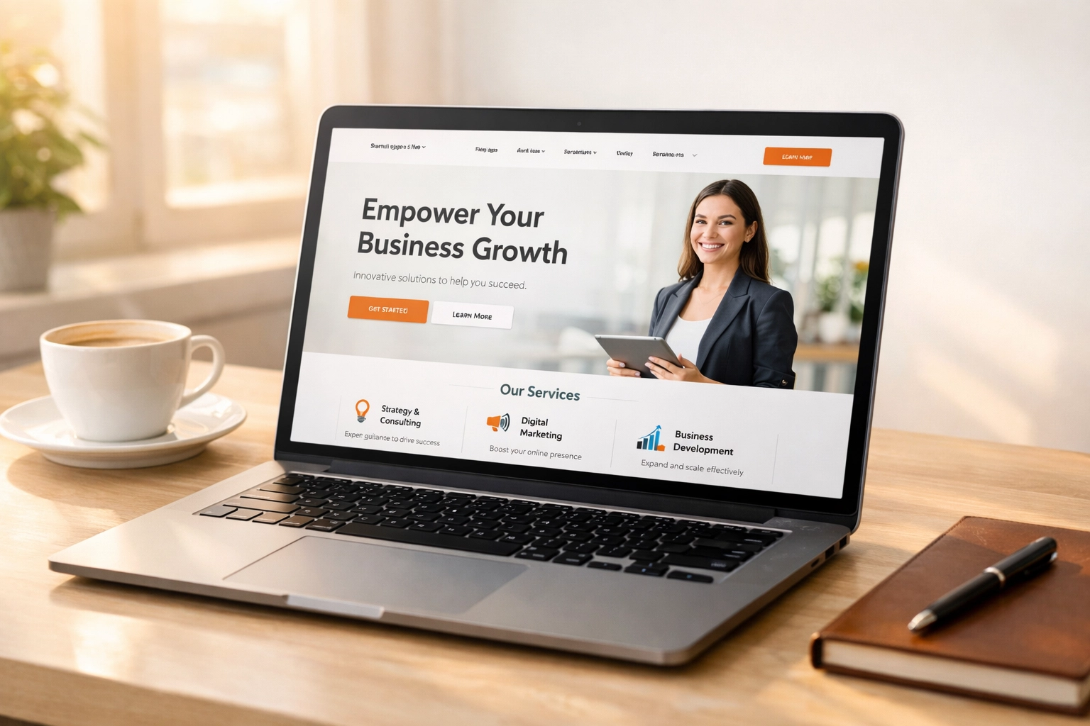 Clean professional website homepage on laptop representing strong digital presence for startups