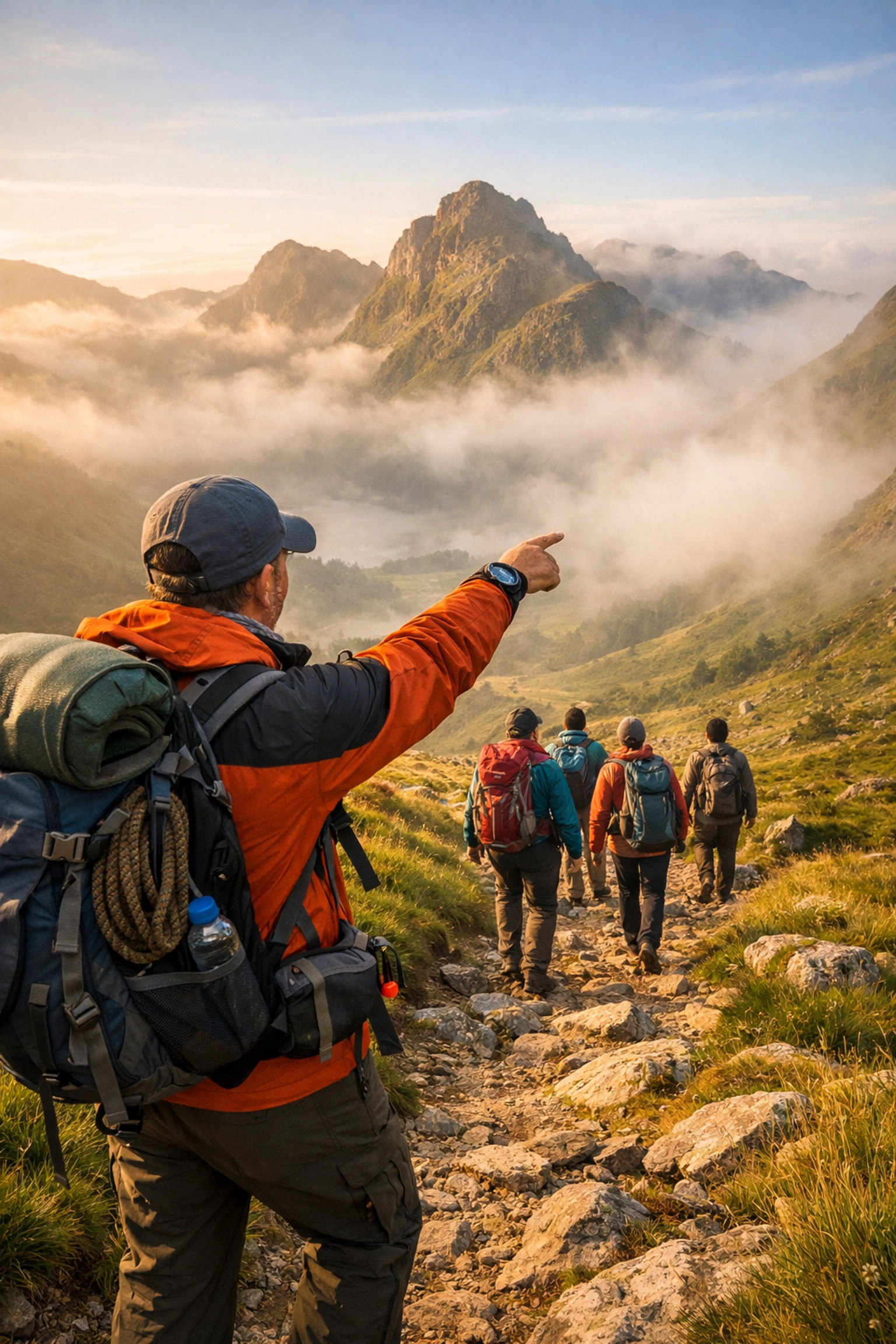 Professional hiking guide leading group through misty Lake District trail