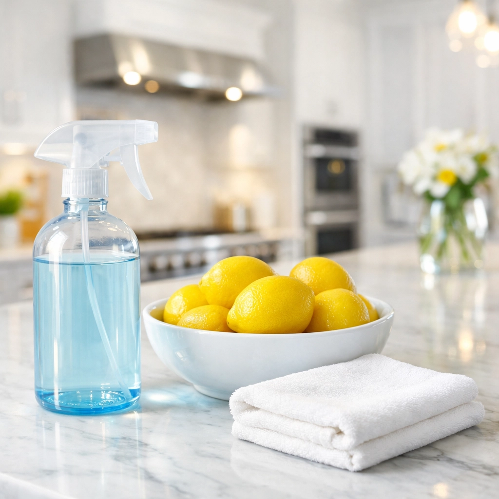 Eco-friendly house cleaning supplies on a sparkling kitchen island in a professional Leominster rental.