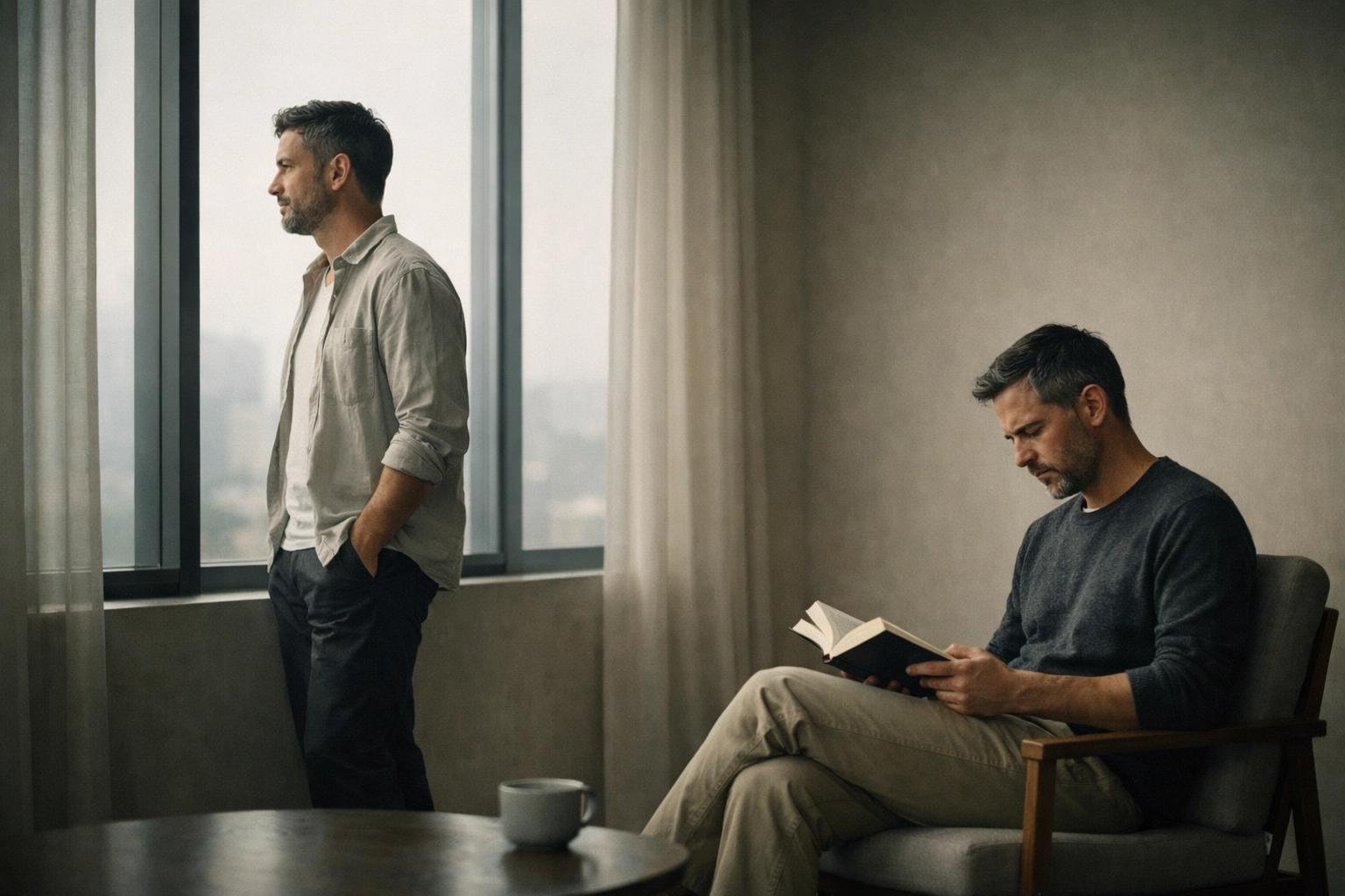 Two men in their thirties in peaceful room, one reading, representing clarity in gay relationships