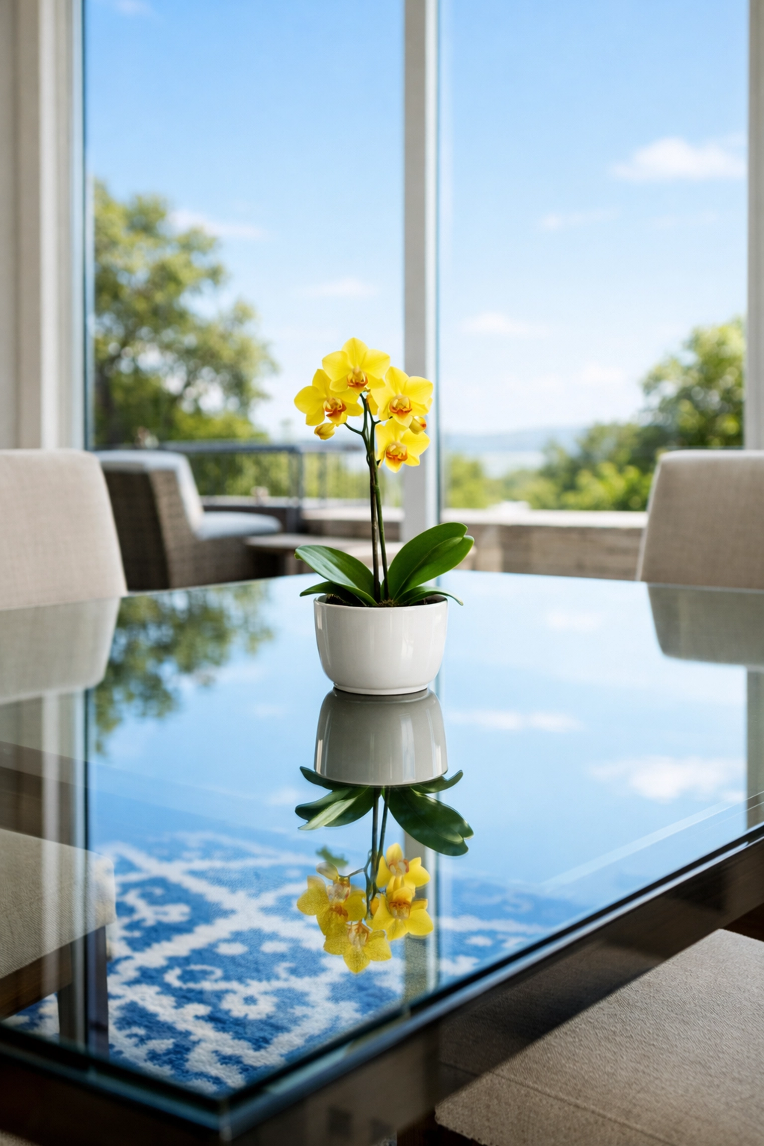 Detailed view of a spotless glass dining table and clean windows in a professionally cleaned home.