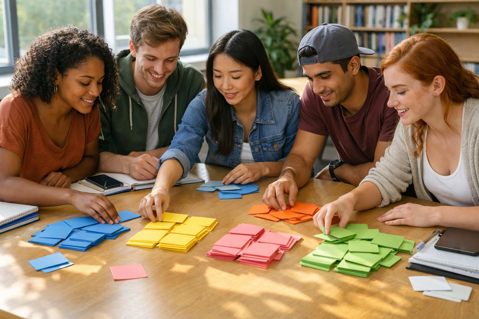 Students in a library organizing transition word categories for SAT Writing practice.