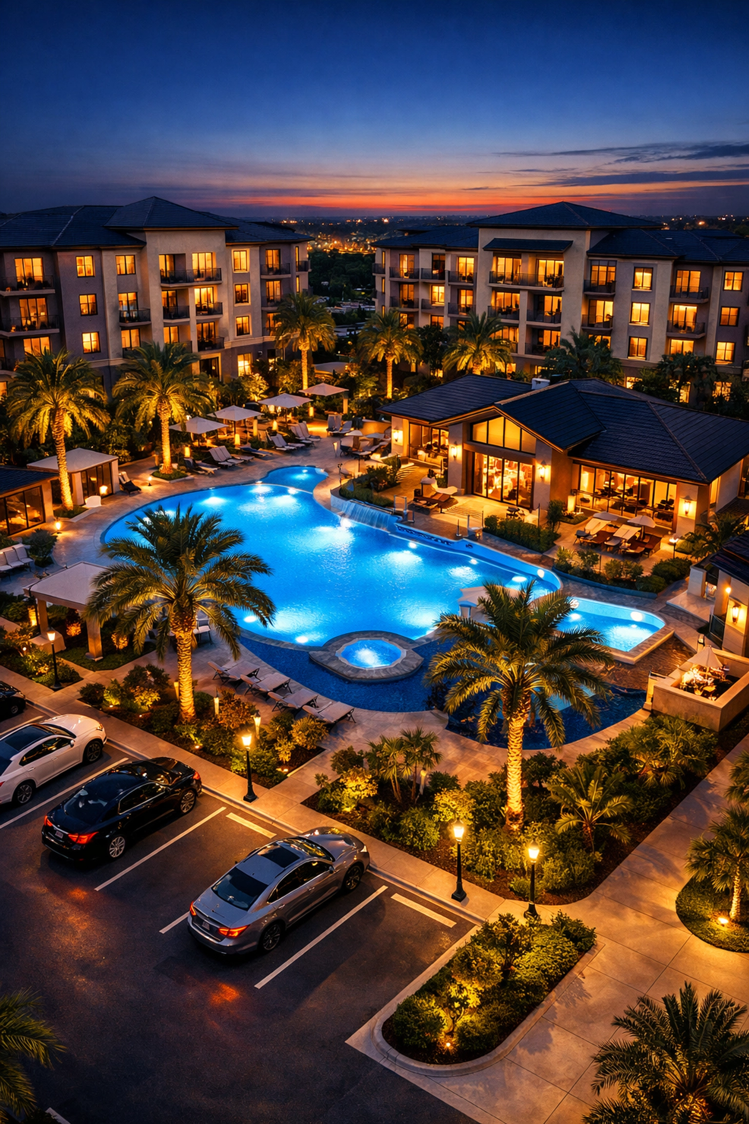 Luxury apartment complex at dusk showcasing real estate syndication property