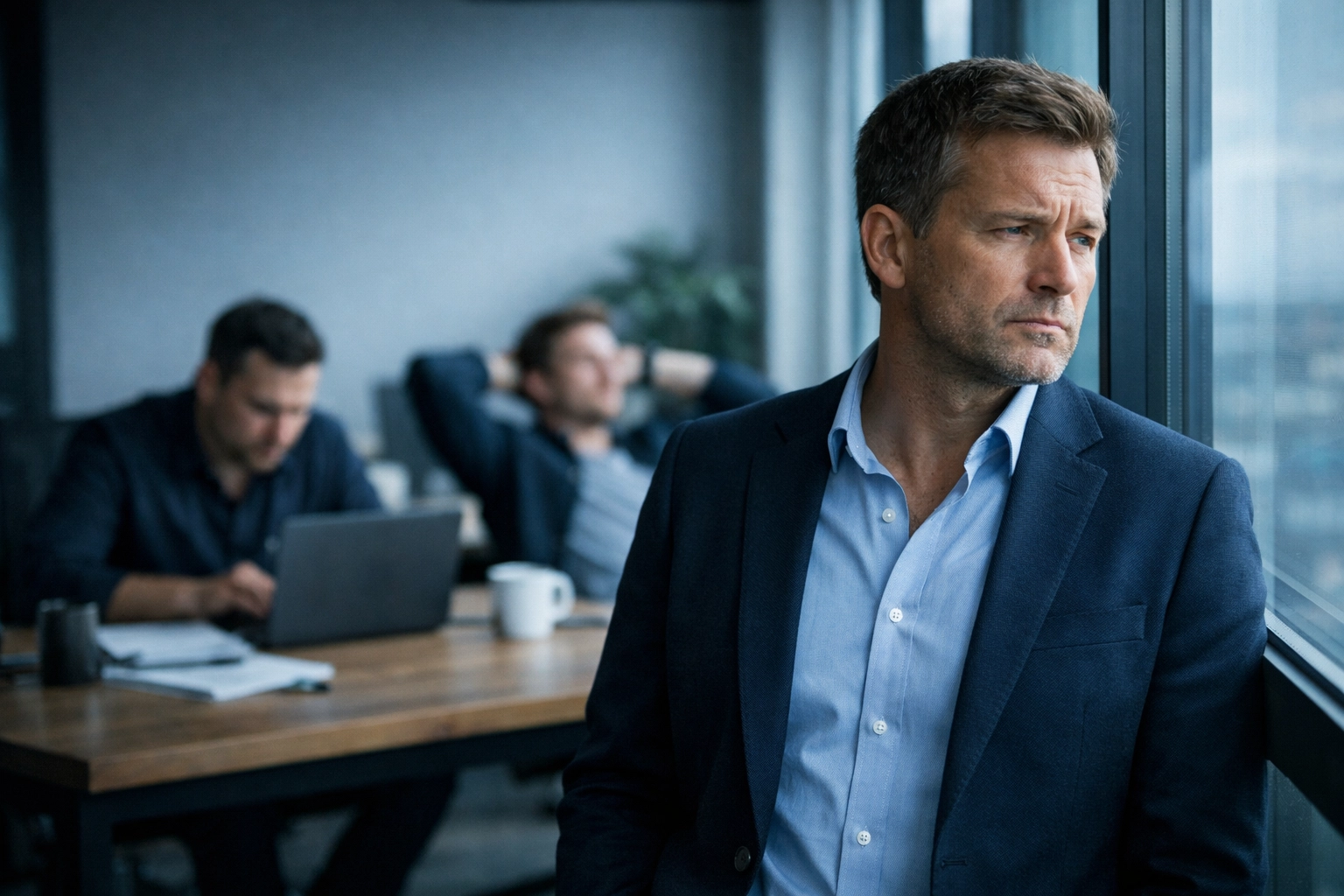 A pensive UK business owner in a modern office observing employee performance issues.