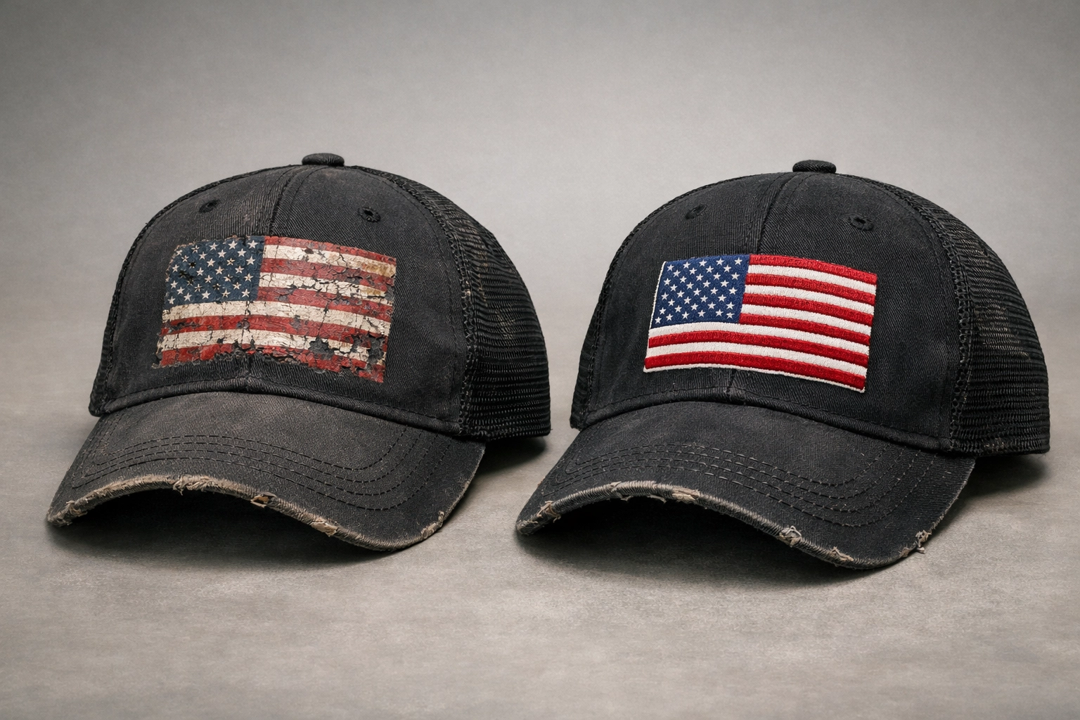 Durability comparison showing worn transfer-applied and embroidered custom hats over time
